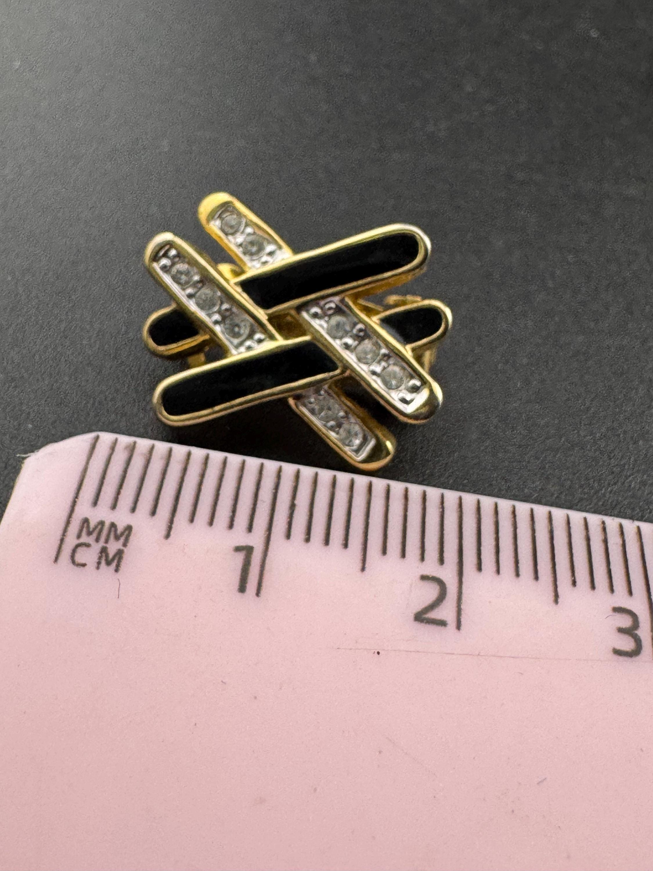 Vintage Gold tone black enamel clear diamanté paste geometric clip on earrings stud 1980s