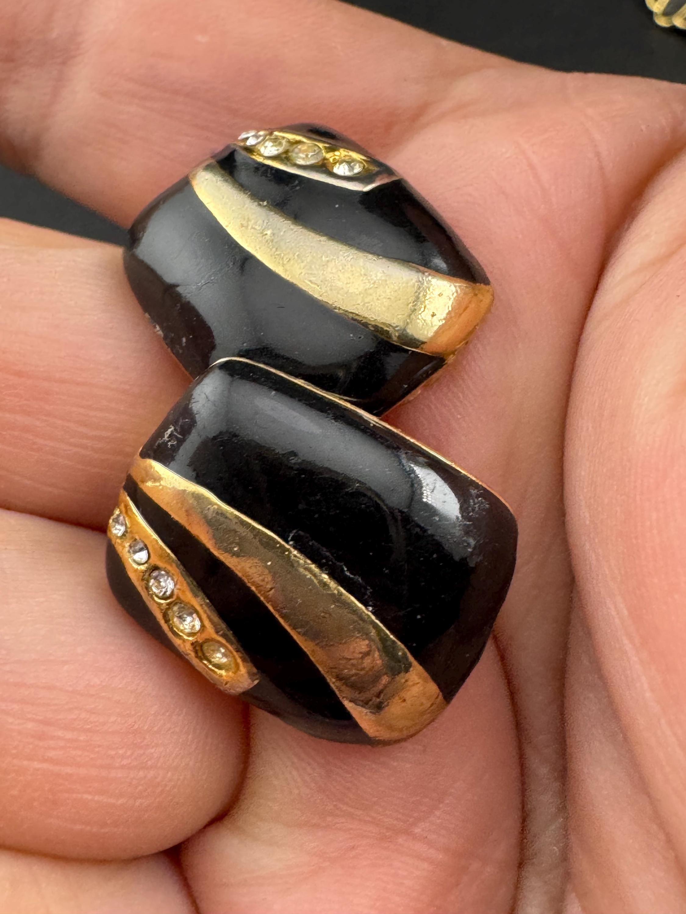 Vintage Gold Tone Clip On Earrings: Black Enamel Diamanté Geometric Studs