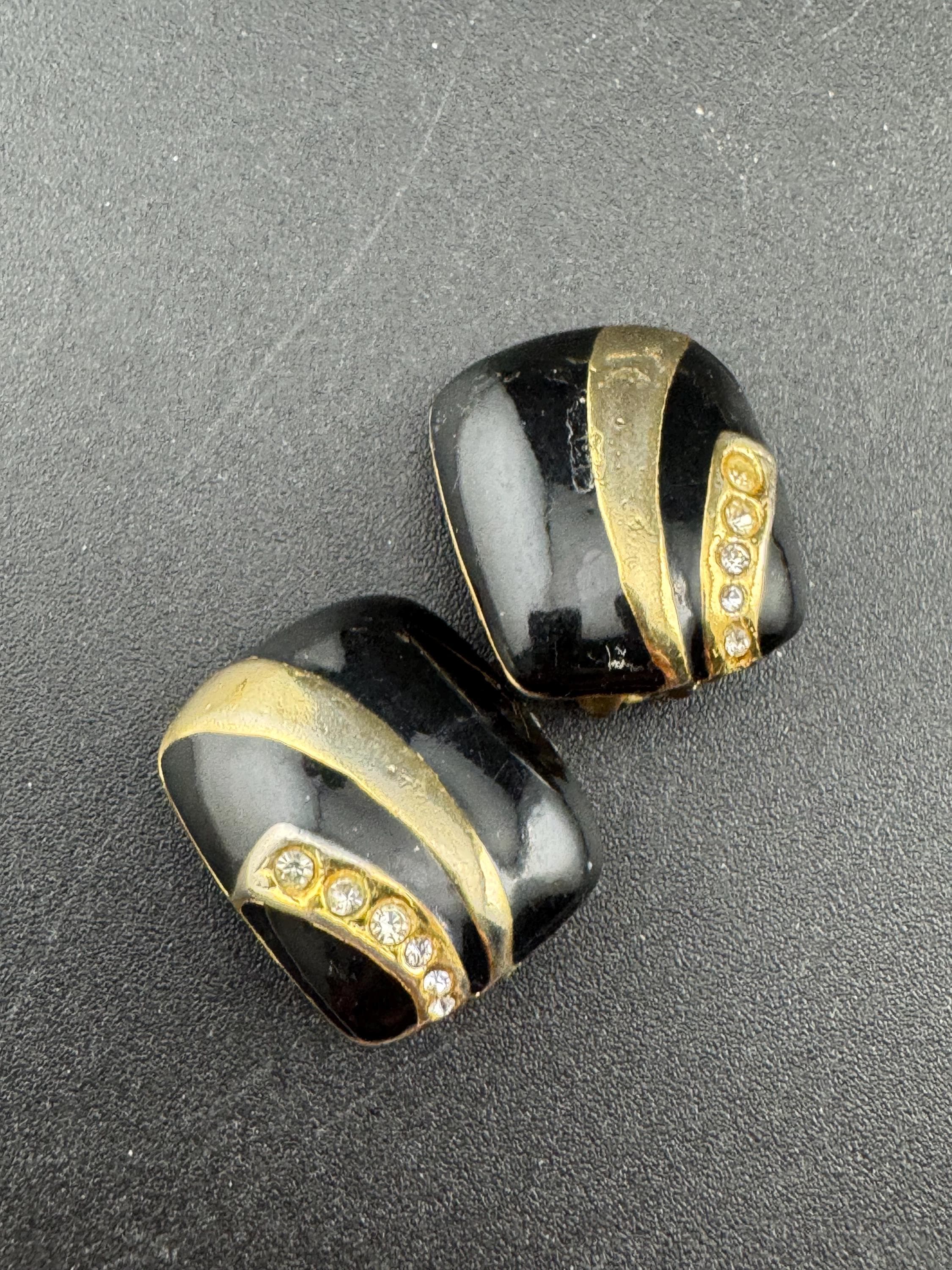 Vintage Gold Tone Clip On Earrings: Black Enamel Diamanté Geometric Studs