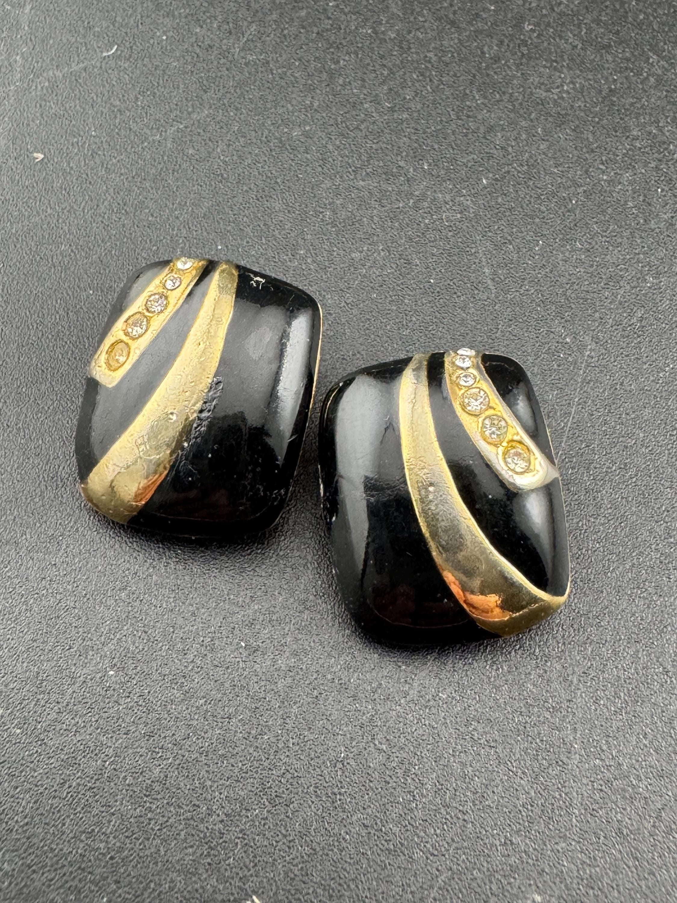 Vintage Gold Tone Clip On Earrings: Black Enamel Diamanté Geometric Studs