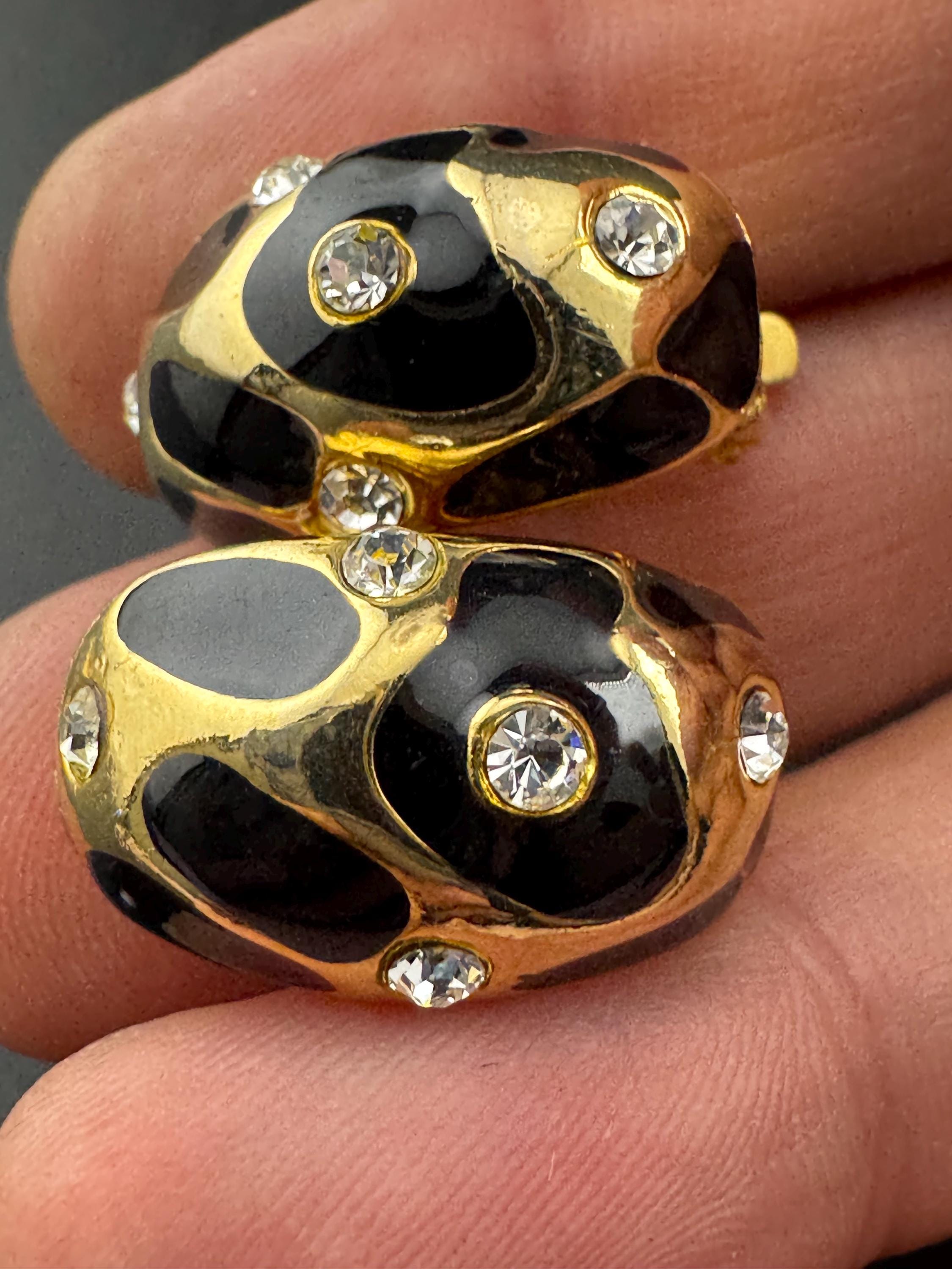 Vintage Gold Tone Clip On Earrings: Black Enamel Diamanté Geometric 1980s