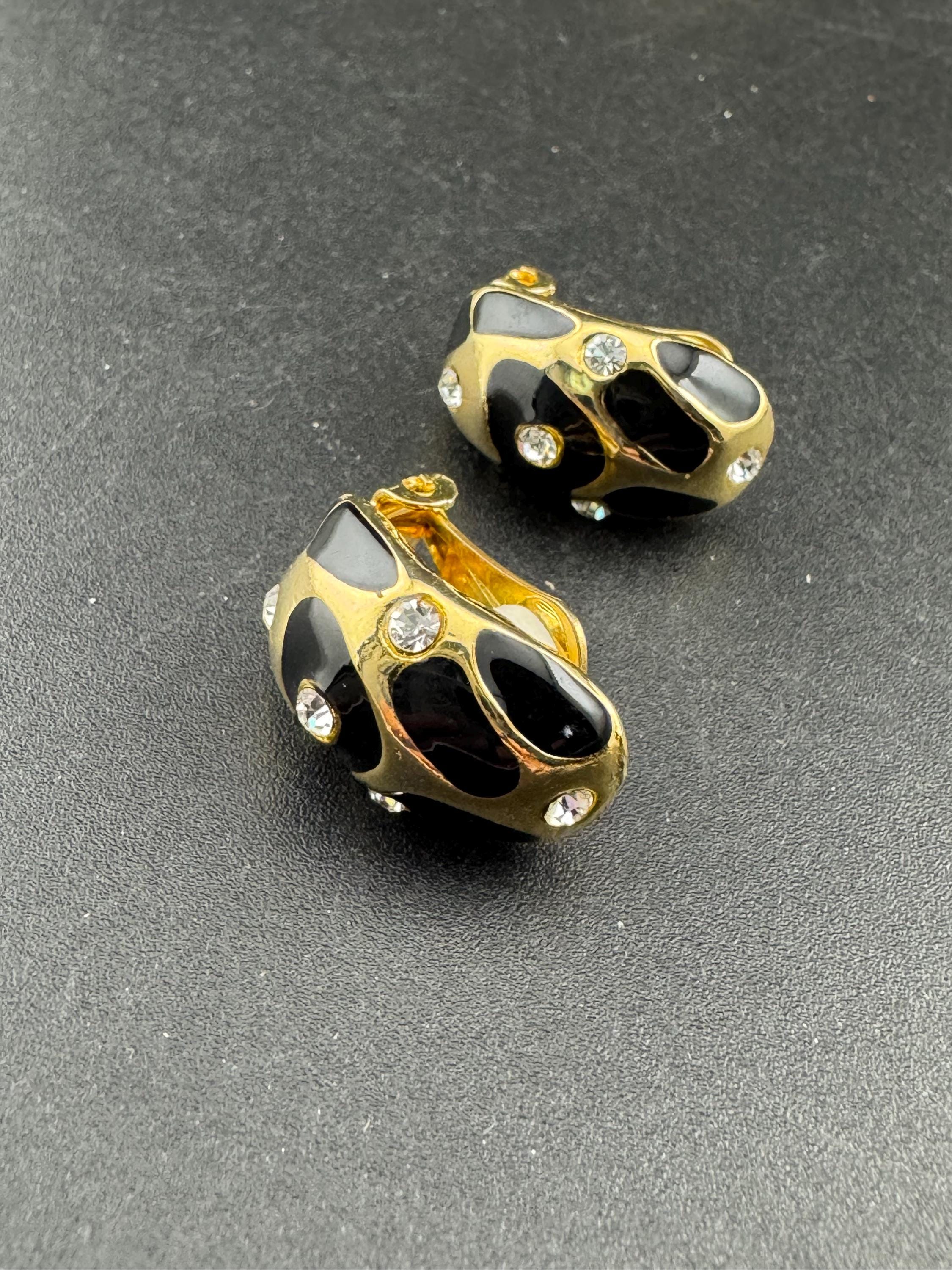 Vintage Gold Tone Clip On Earrings: Black Enamel Diamanté Geometric 1980s