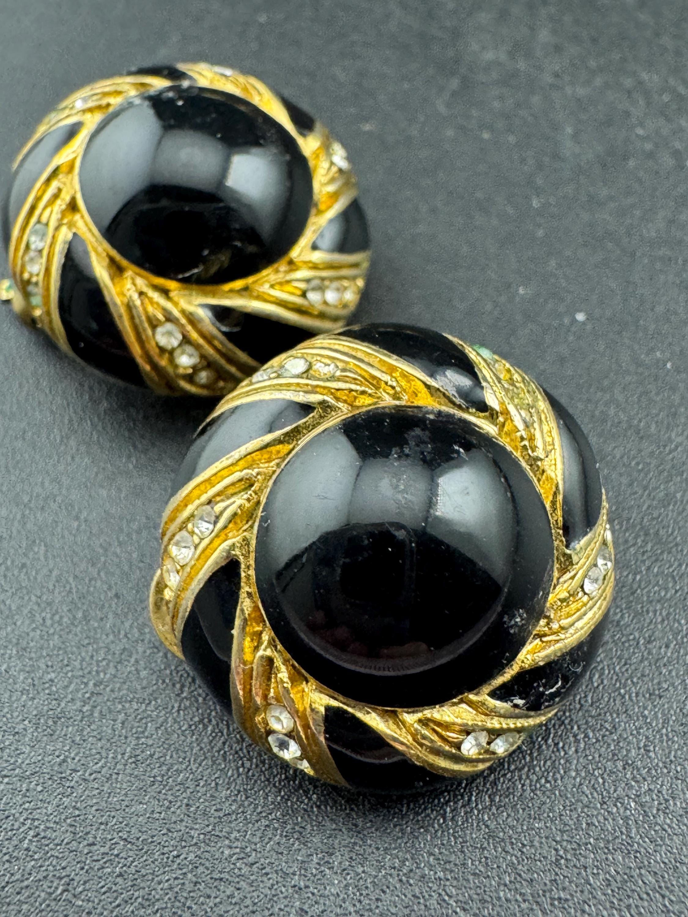 Vintage Gold Tone Clip On Earrings: Black Enamel Diamanté Geometric Dome, 1980s