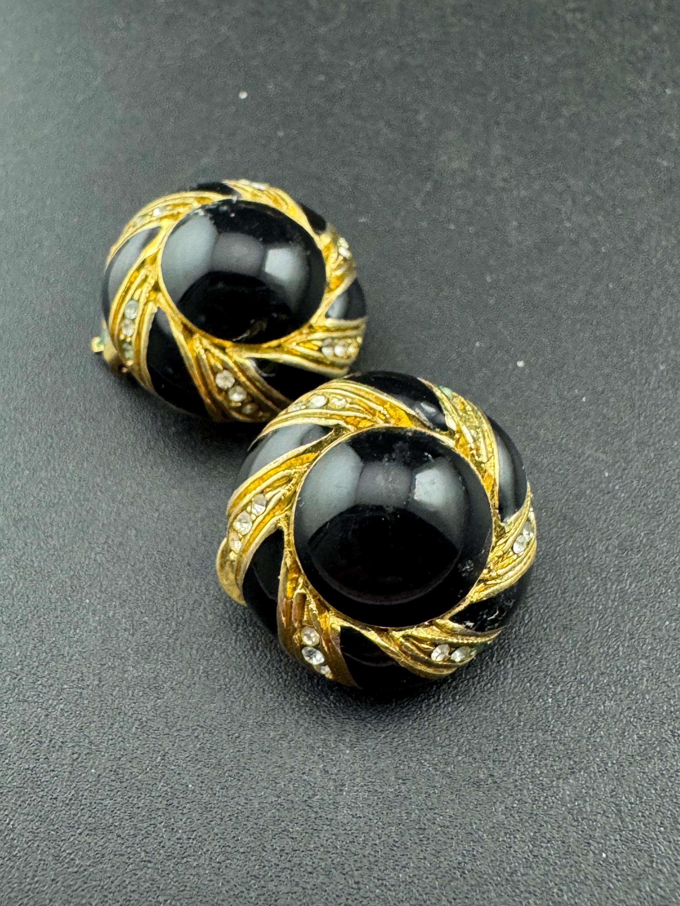 Vintage Gold Tone Clip On Earrings: Black Enamel Diamanté Geometric Dome, 1980s