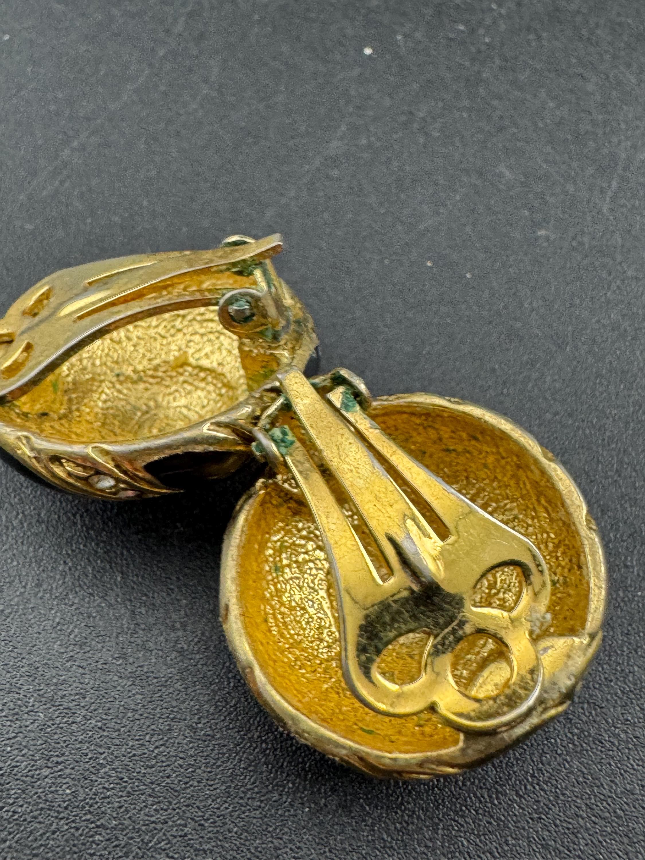 Vintage Gold Tone Clip On Earrings: Black Enamel Diamanté Geometric Dome, 1980s