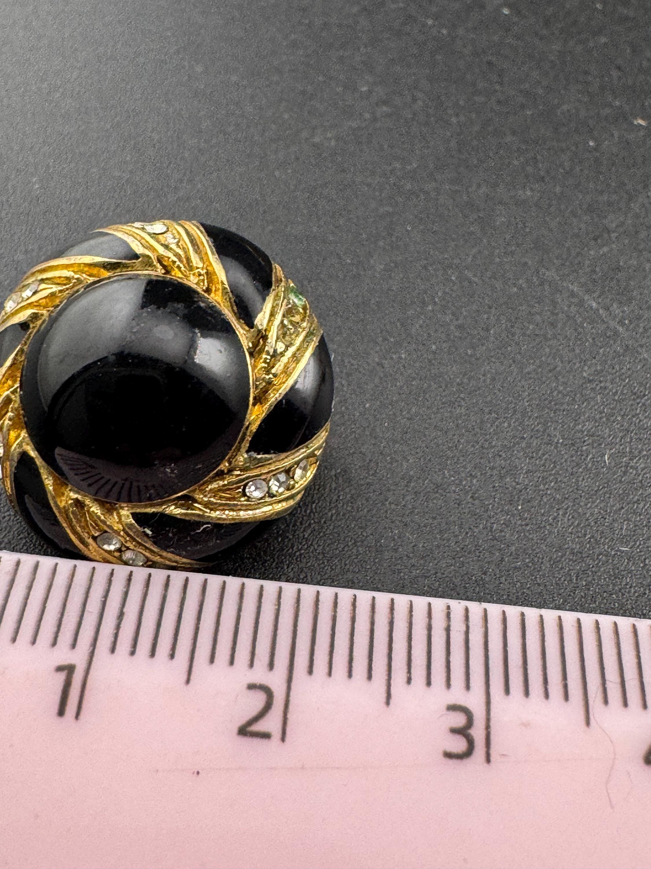 Vintage Gold Tone Clip On Earrings: Black Enamel Diamanté Geometric Dome, 1980s