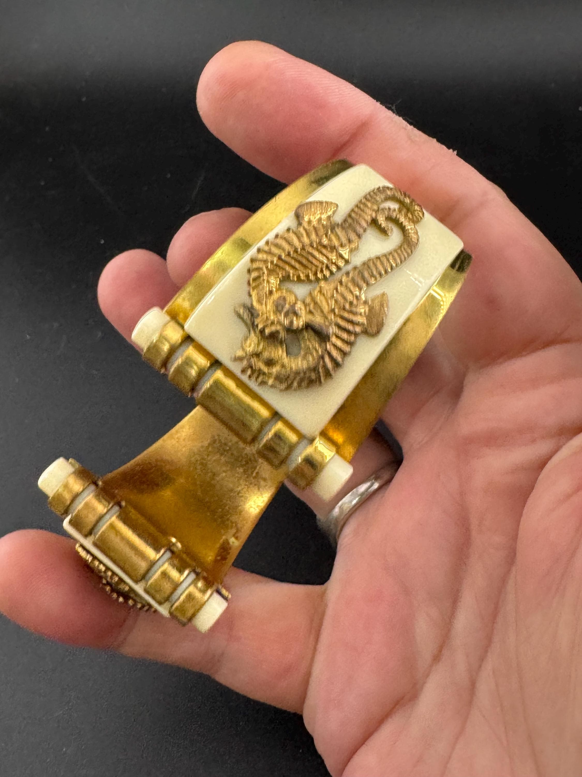 Super Vintage art deco brass and galalith seahorse Bangle bracelet , attributed to Jean Painleve l’hippocampus range