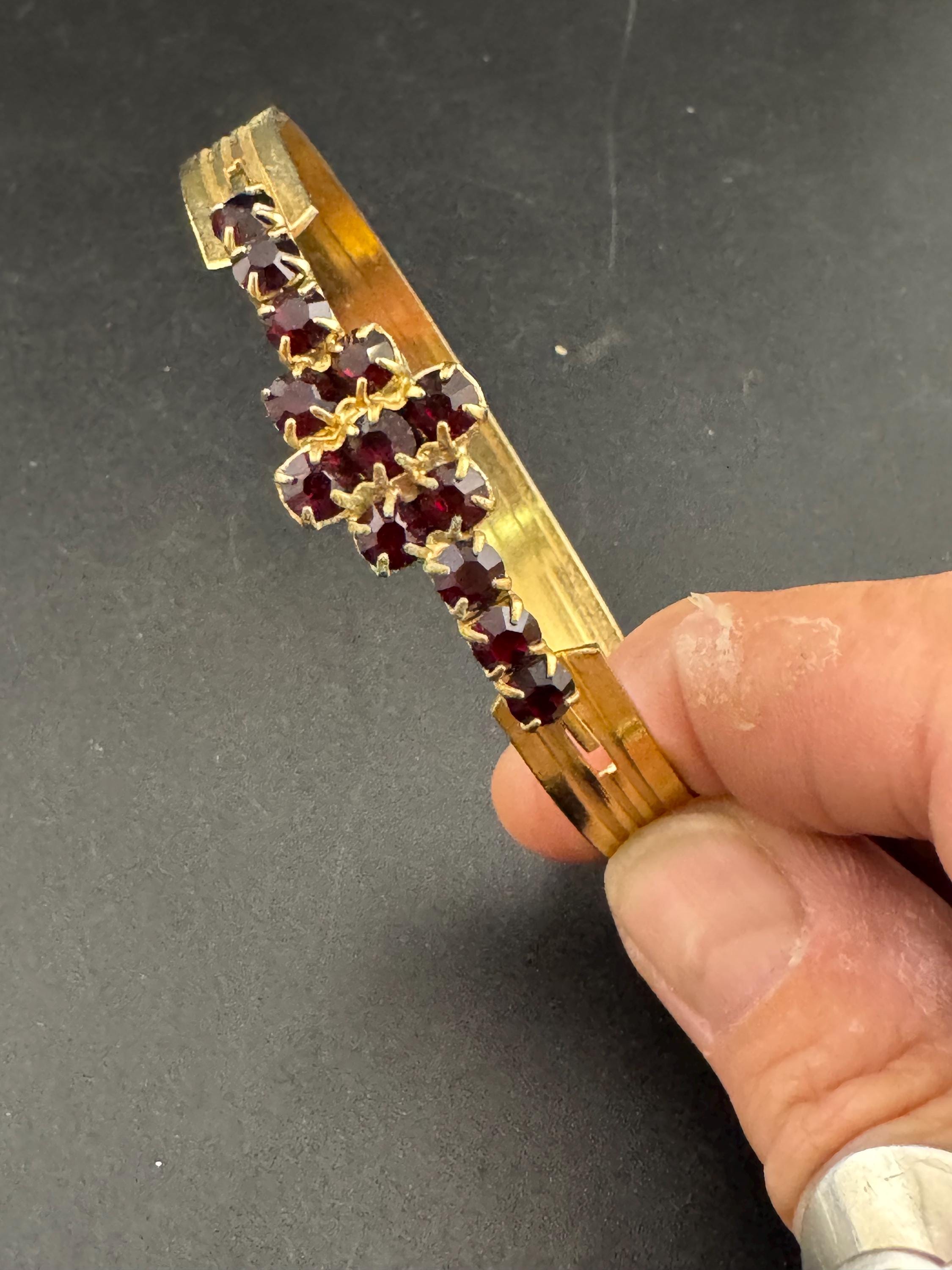 Mid century Vintage gold plated red garnet glass paste hinged bracelet Rhinestone jewellery