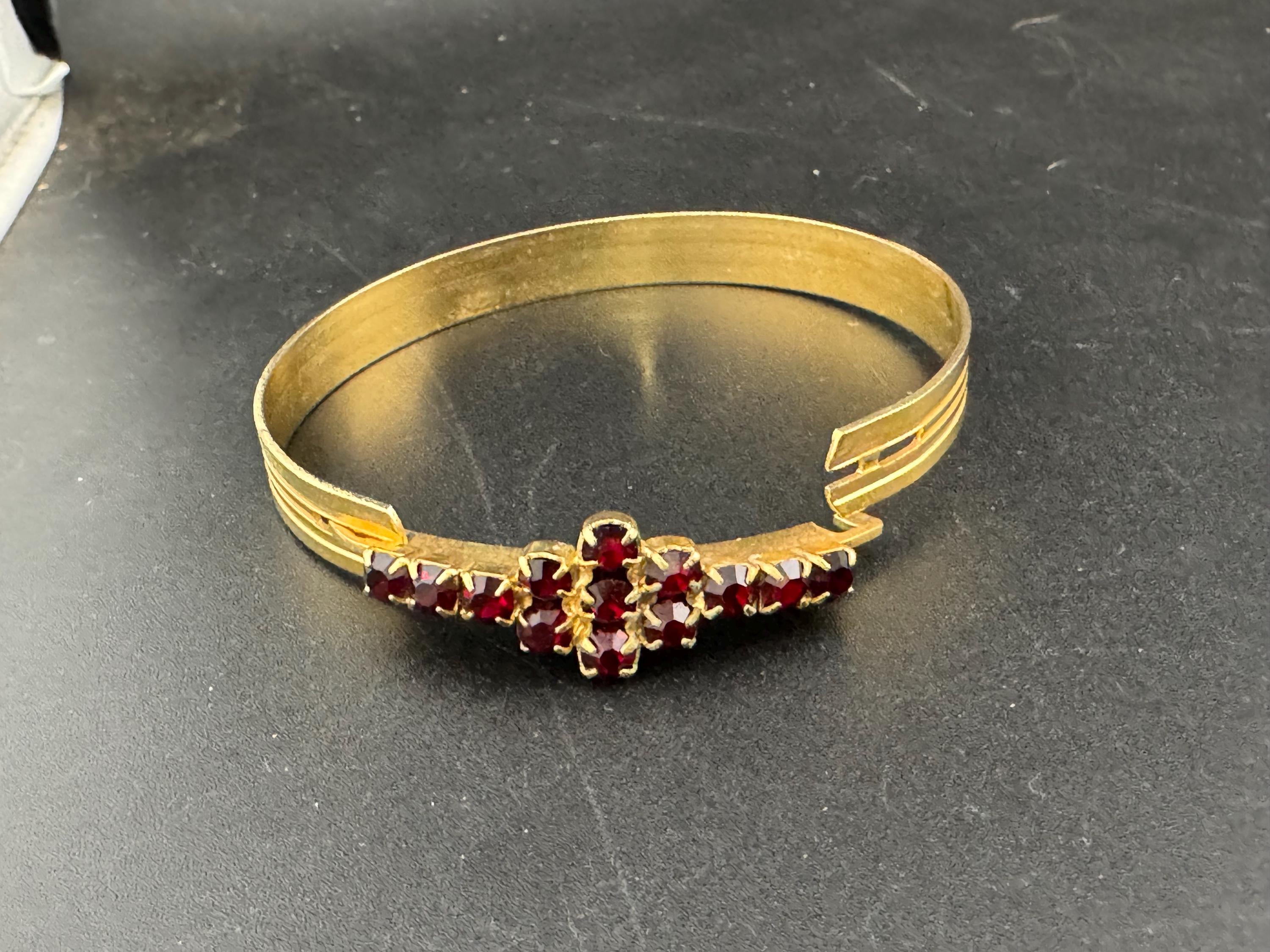 Mid century Vintage gold plated red garnet glass paste hinged bracelet Rhinestone jewellery