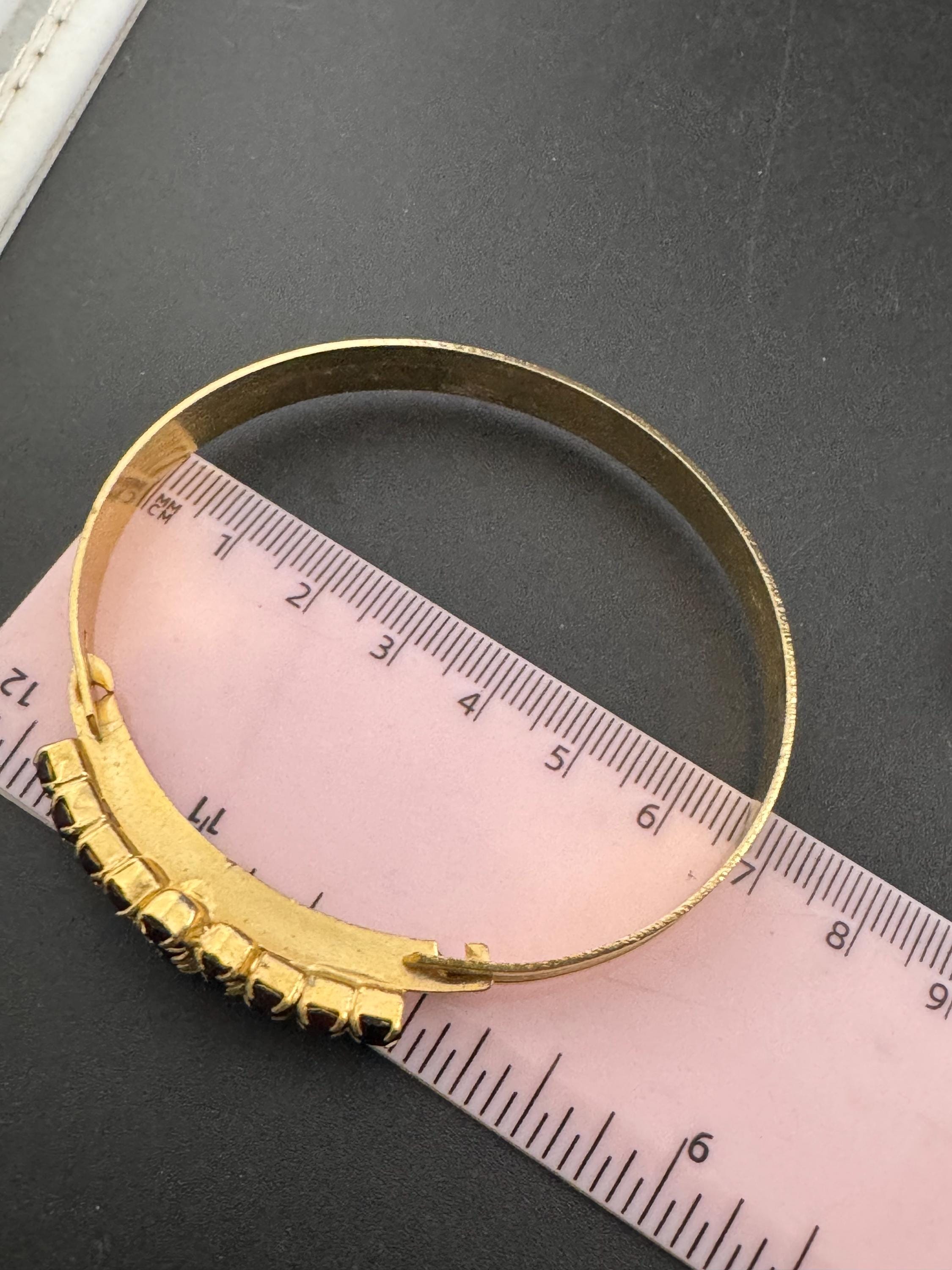Mid century Vintage gold plated red garnet glass paste hinged bracelet Rhinestone jewellery