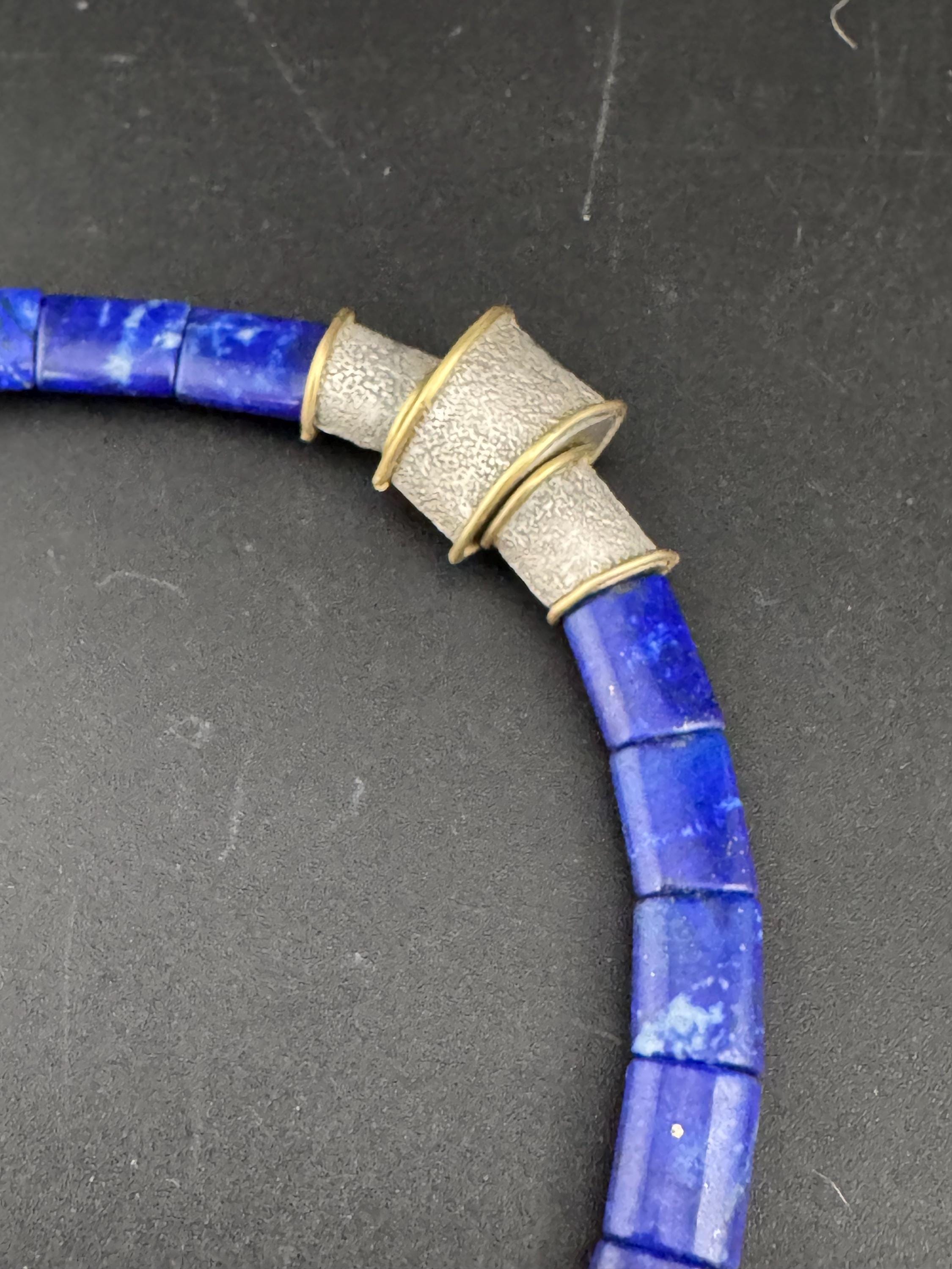 vintage gold and silver tone blue natural gemstone lapis lazuli beaded collar necklace 43cm