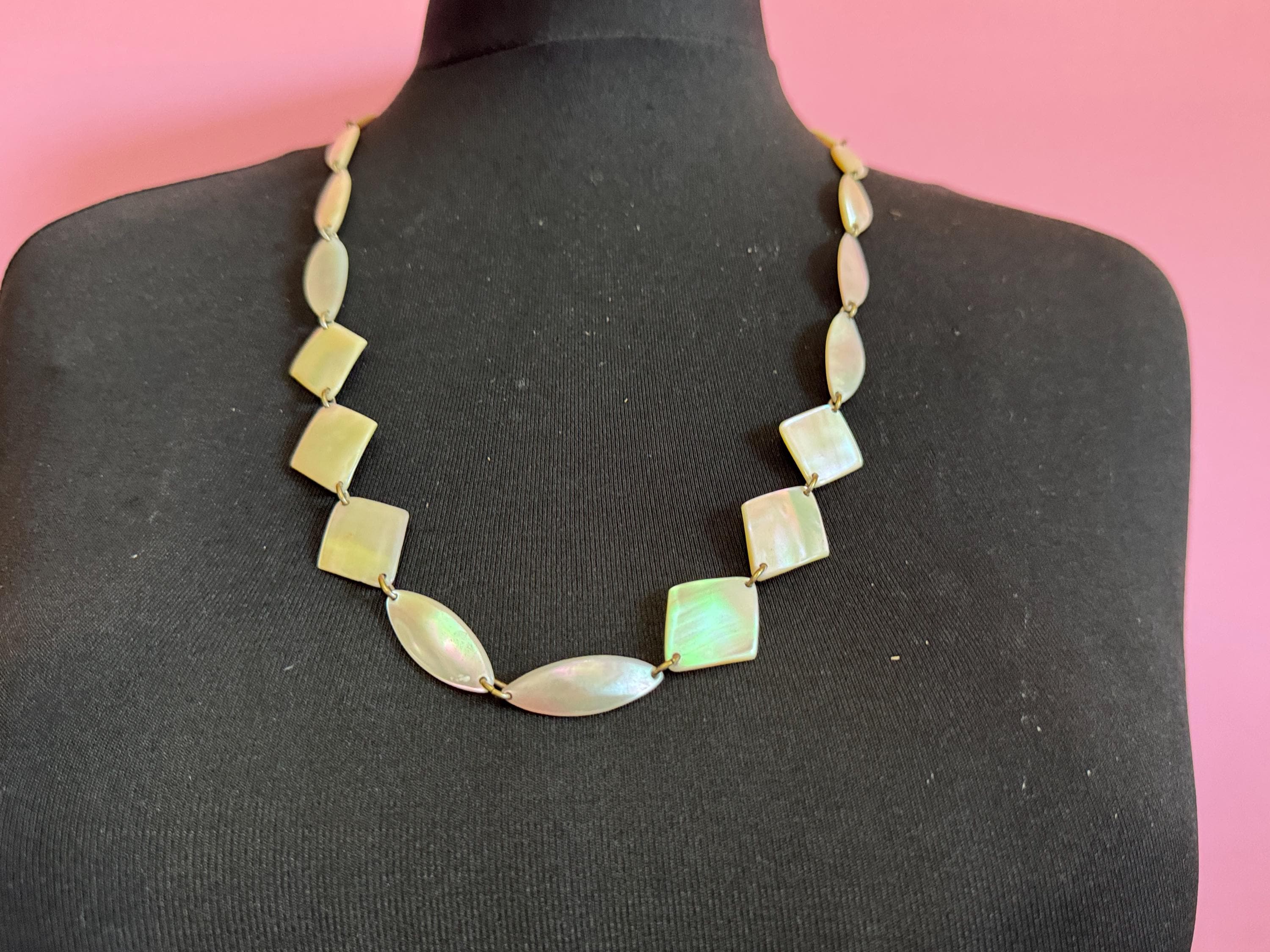 Art deco natural mother of pearl shell panel link necklace 75cm