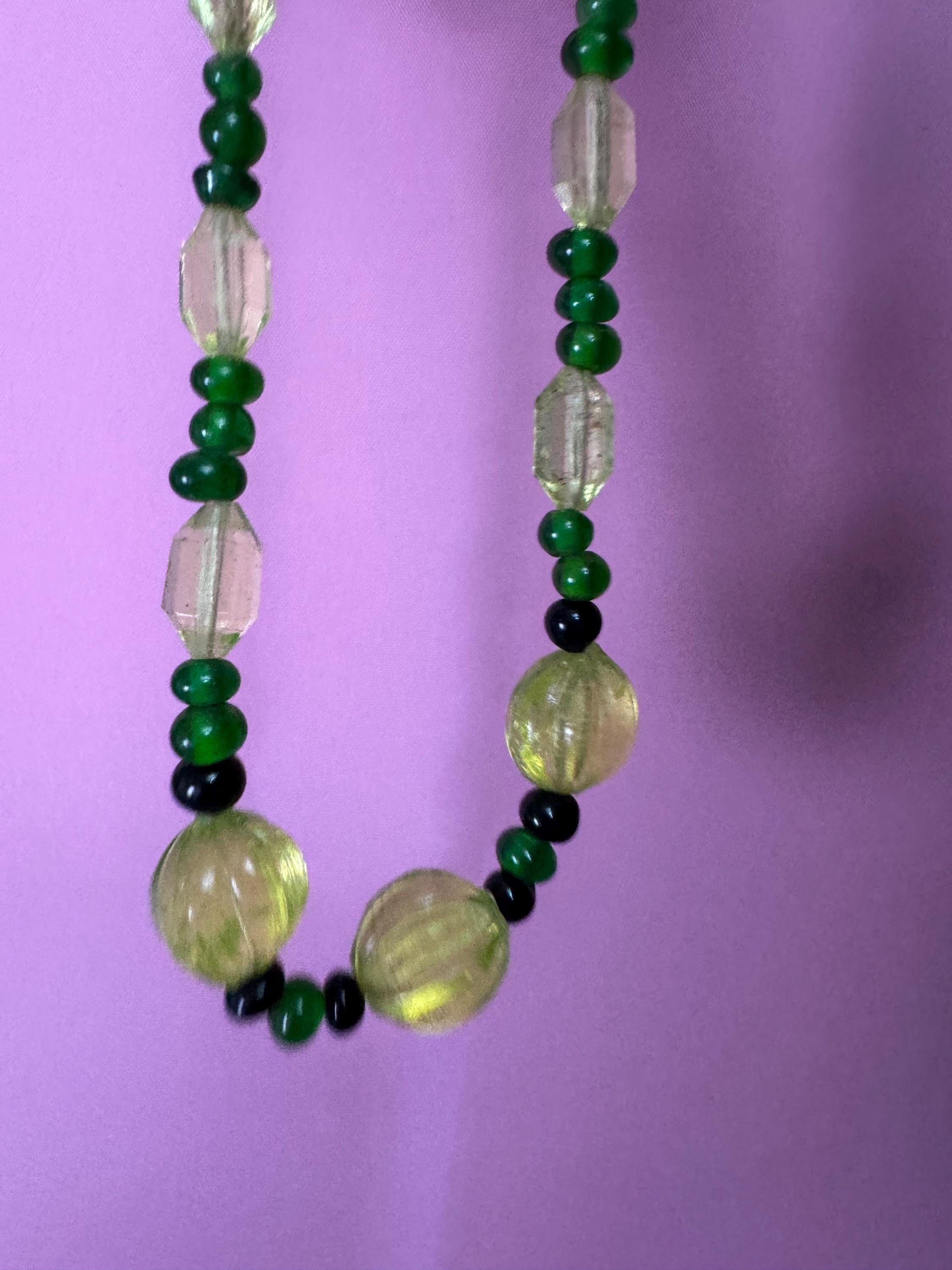 Old UV Reactive Art Deco rolled gold warernelon beaded necklace, uranium 42cm