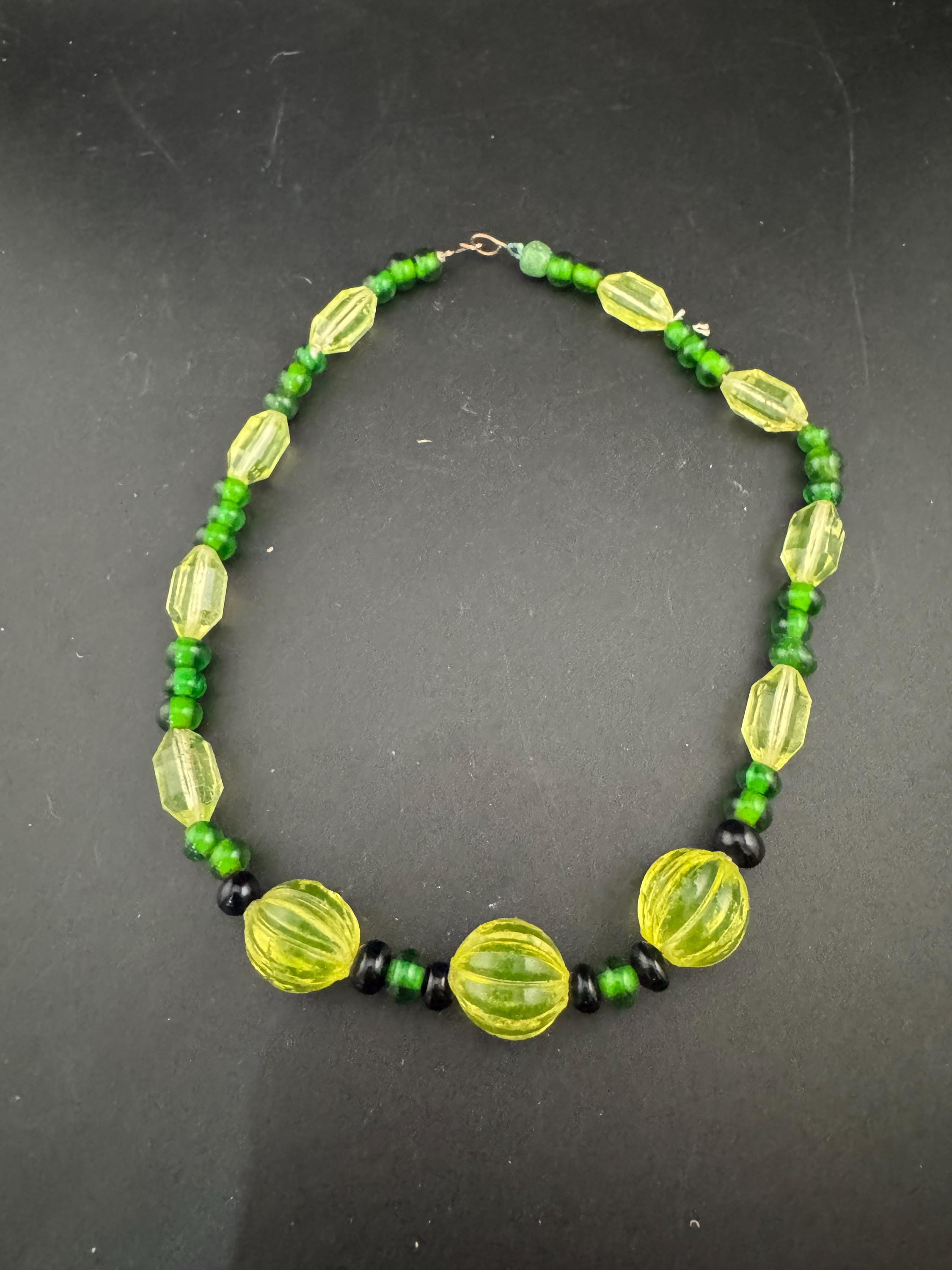 Old UV Reactive Art Deco rolled gold warernelon beaded necklace, uranium 42cm