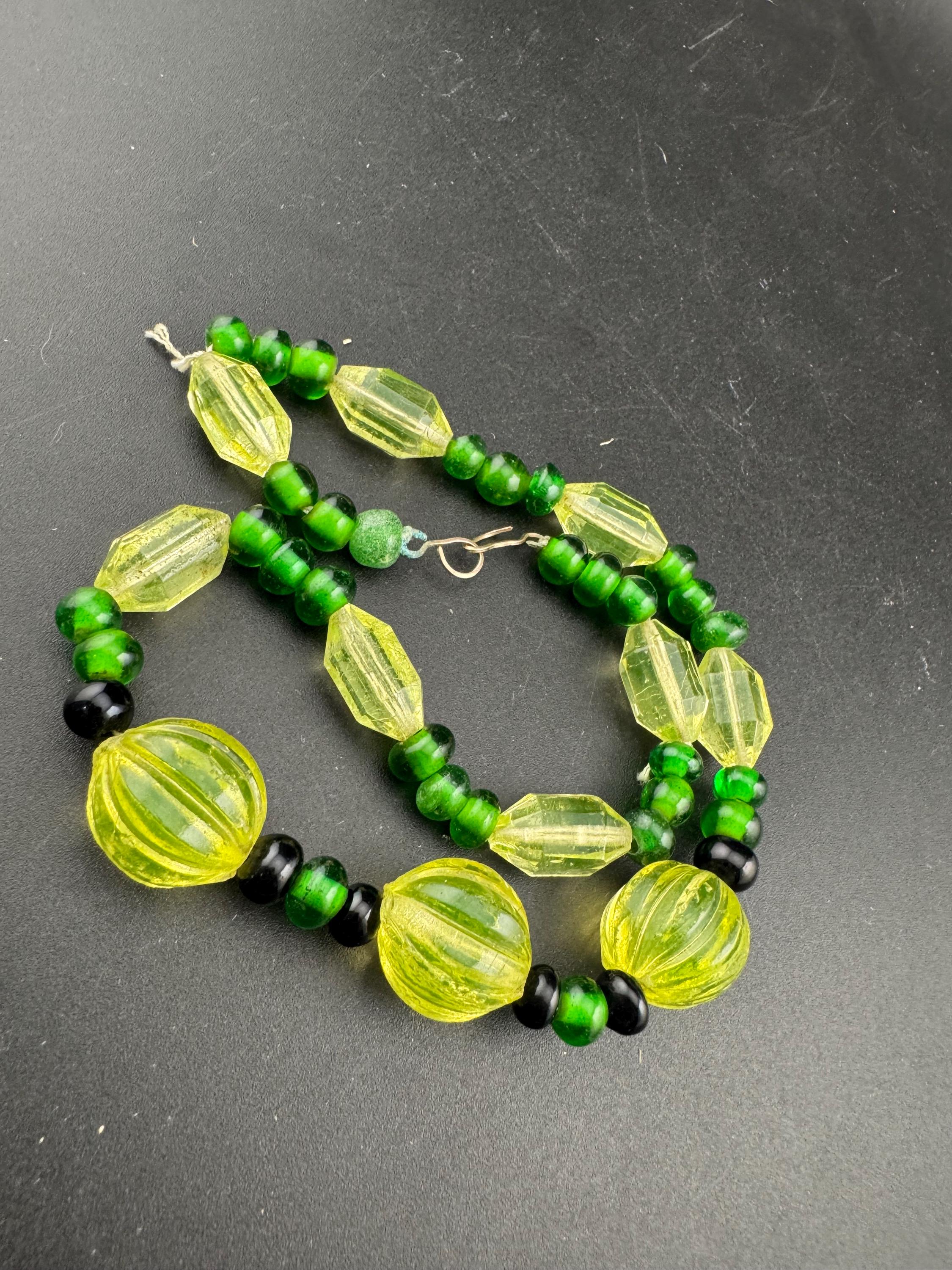 Old UV Reactive Art Deco rolled gold warernelon beaded necklace, uranium 42cm