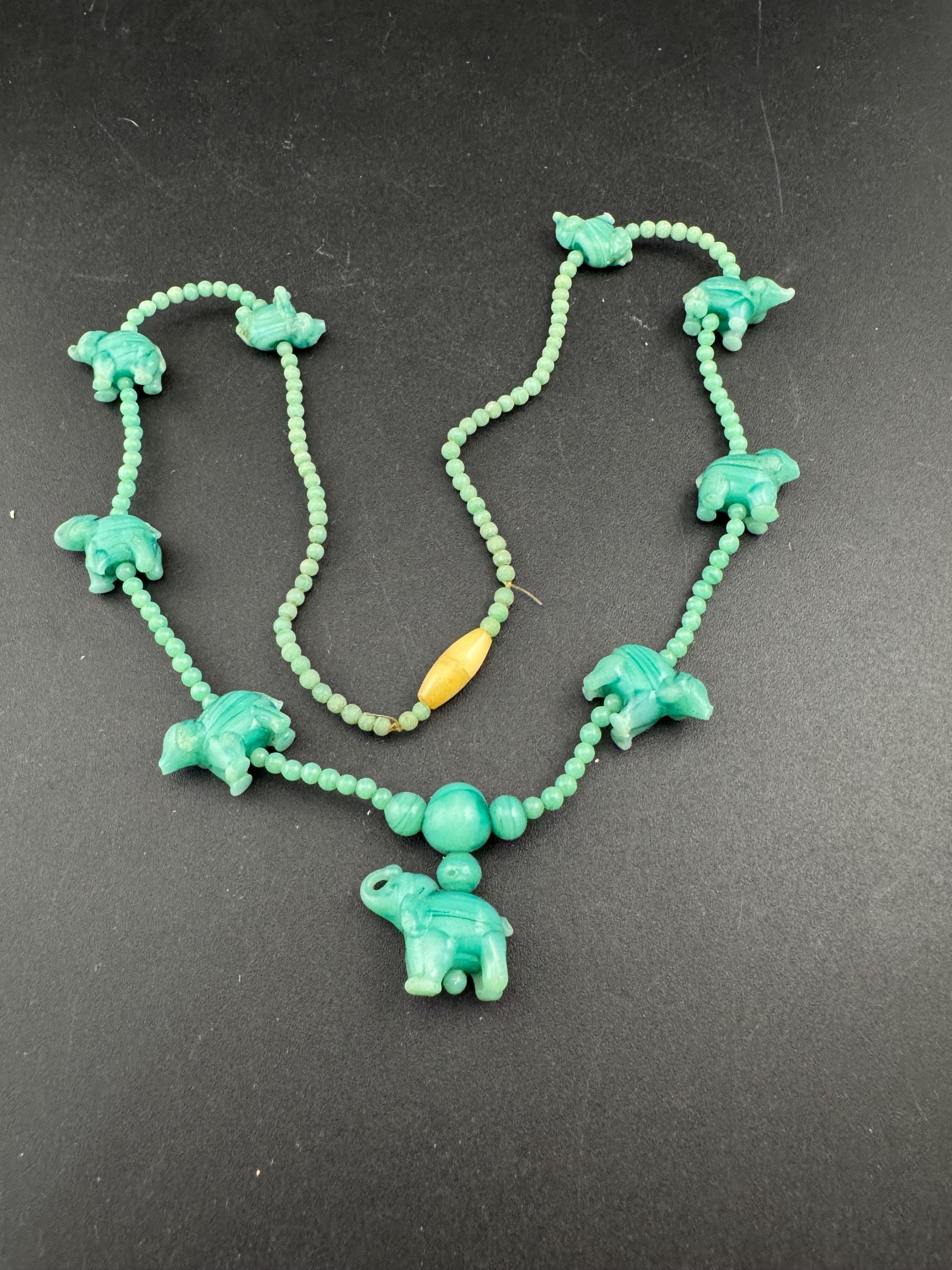 Antique Chinese peking carved glass green Art Deco period beaded elephant necklace