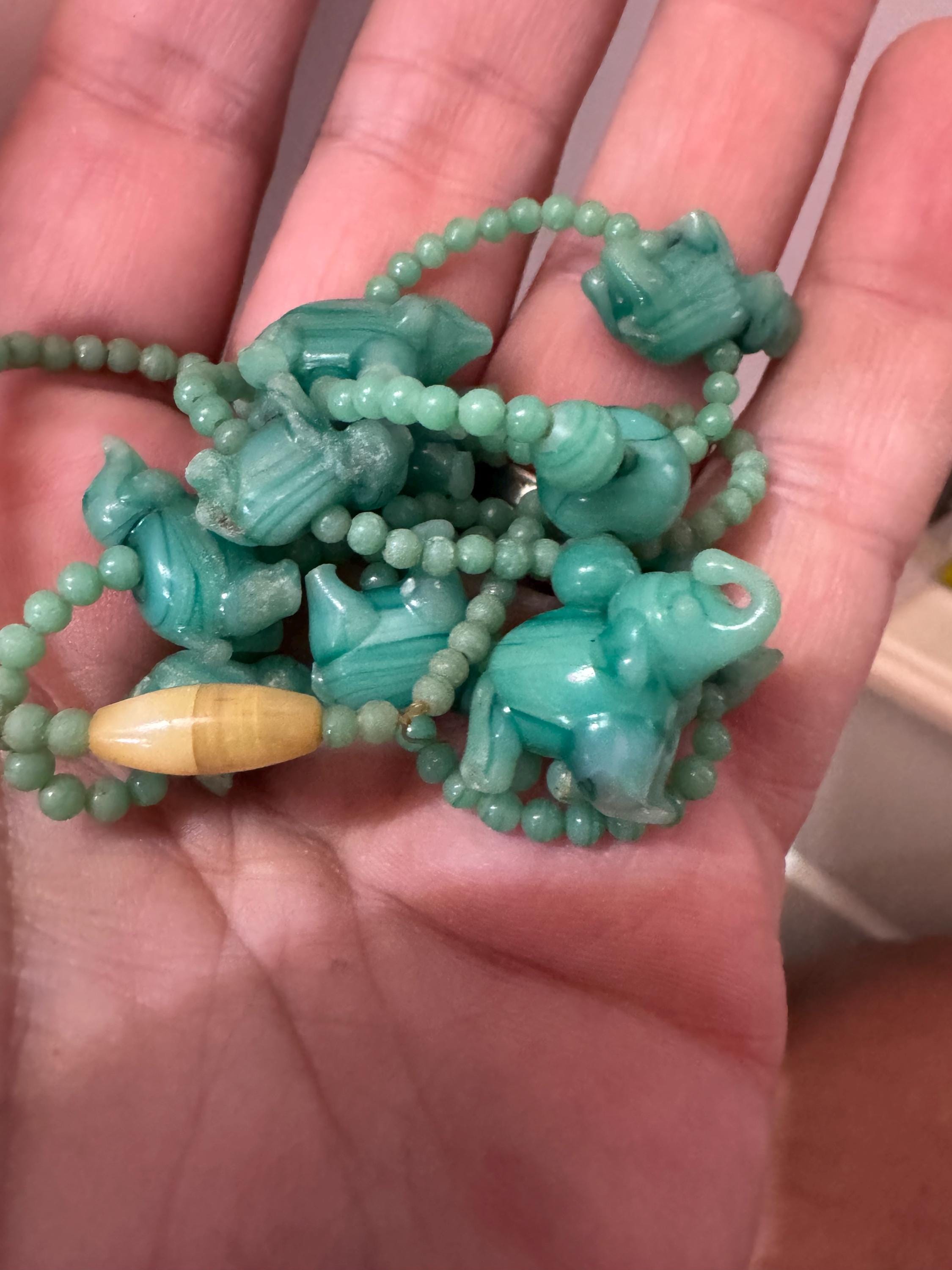 Antique Chinese peking carved glass green Art Deco period beaded elephant necklace
