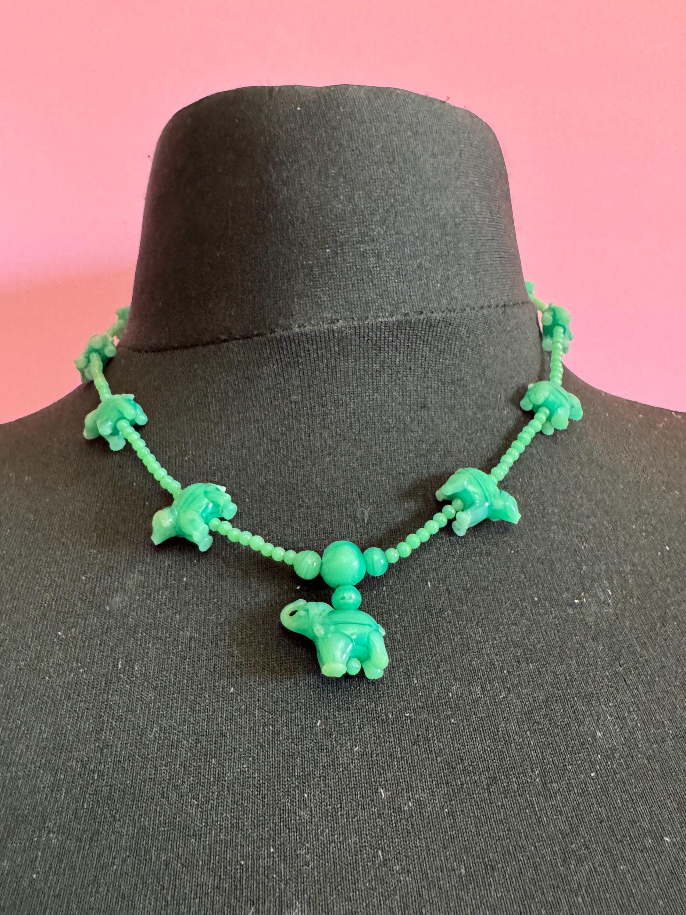 Antique Chinese peking carved glass green Art Deco period beaded elephant necklace