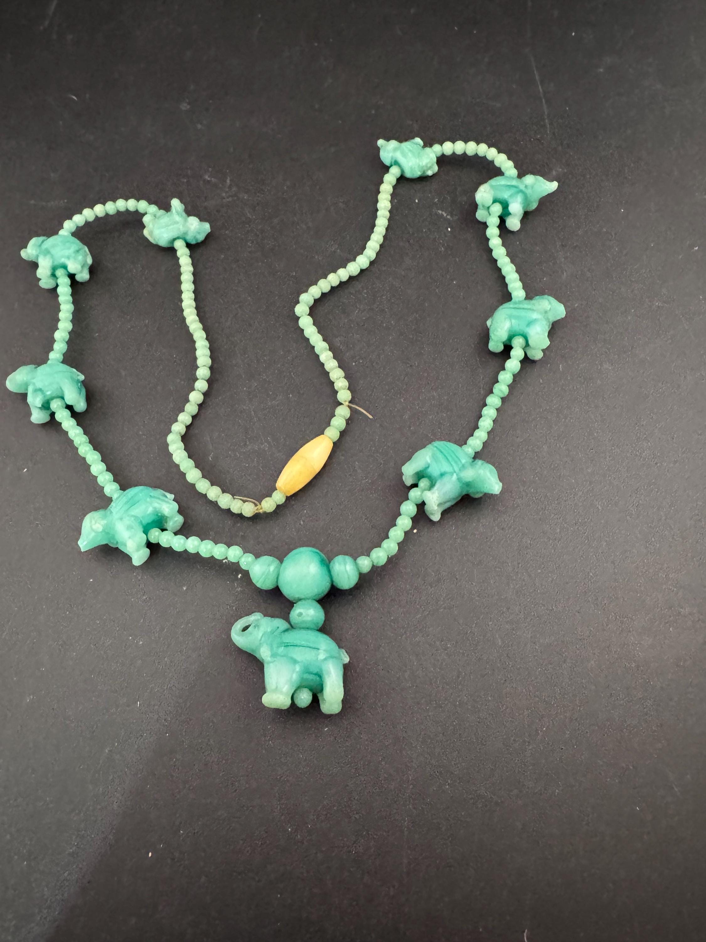 Antique Chinese peking carved glass green Art Deco period beaded elephant necklace