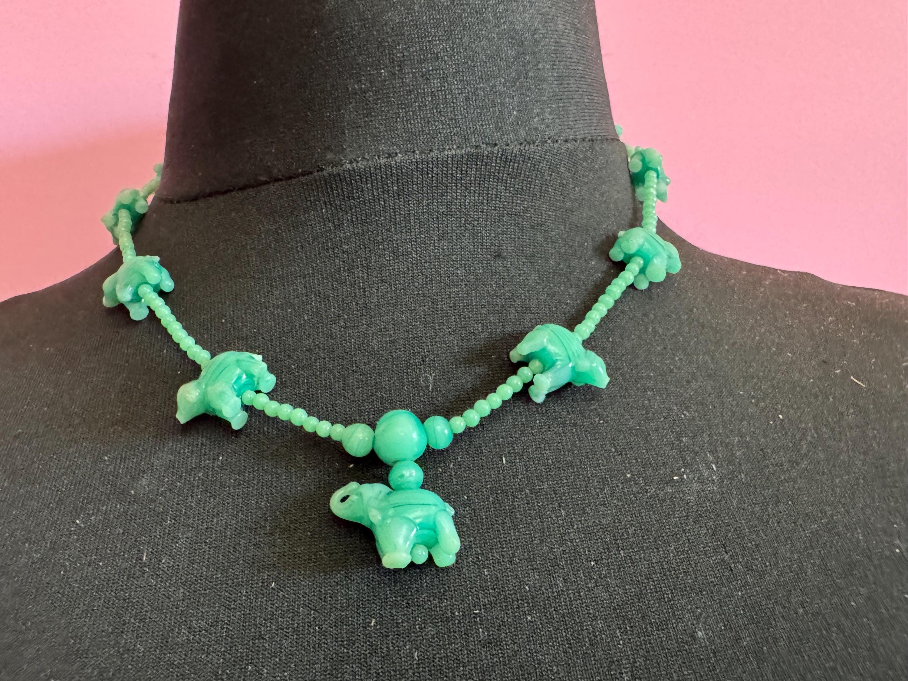 Antique Chinese peking carved glass green Art Deco period beaded elephant necklace