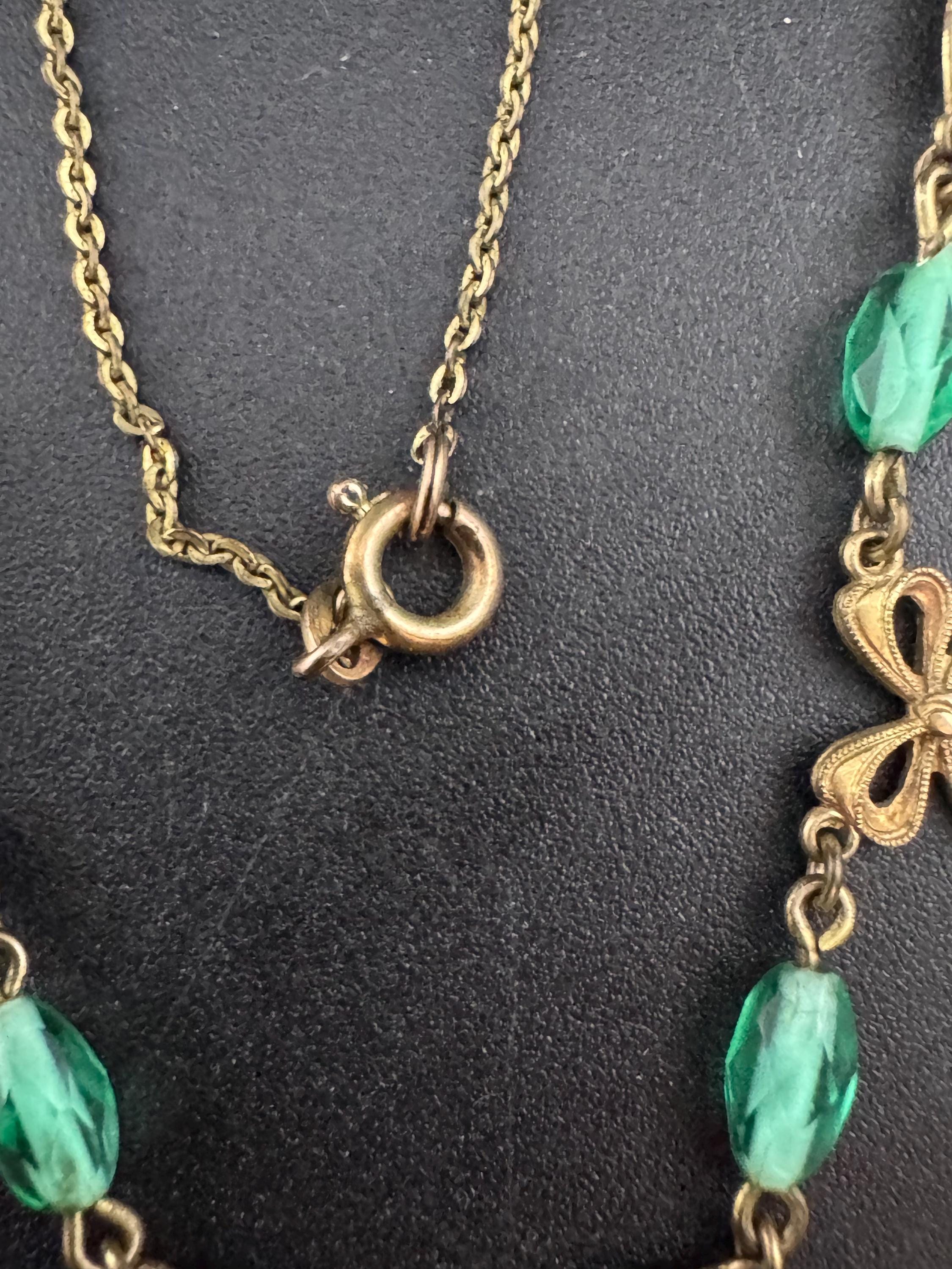 Antique dainty art deco rolled gold gilt metal necklace with faux pearl and green glass beads 1920s 42cm