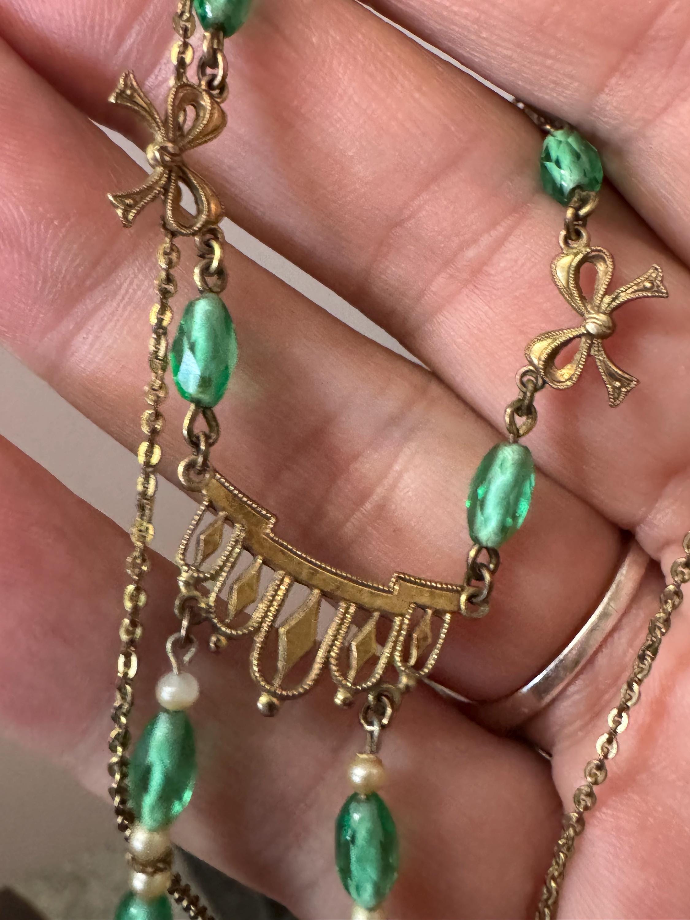 Antique dainty art deco rolled gold gilt metal necklace with faux pearl and green glass beads 1920s 42cm