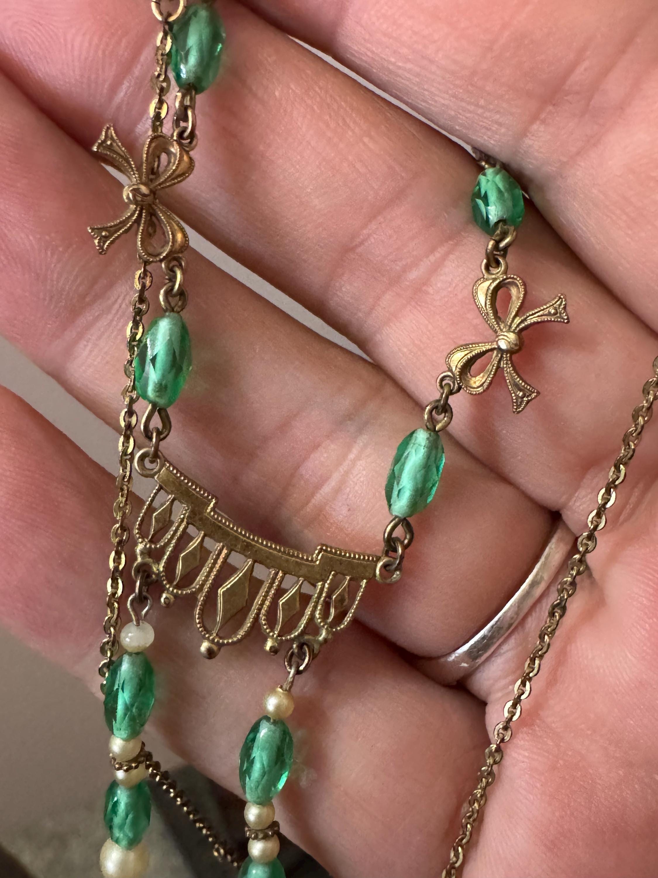Antique dainty art deco rolled gold gilt metal necklace with faux pearl and green glass beads 1920s 42cm
