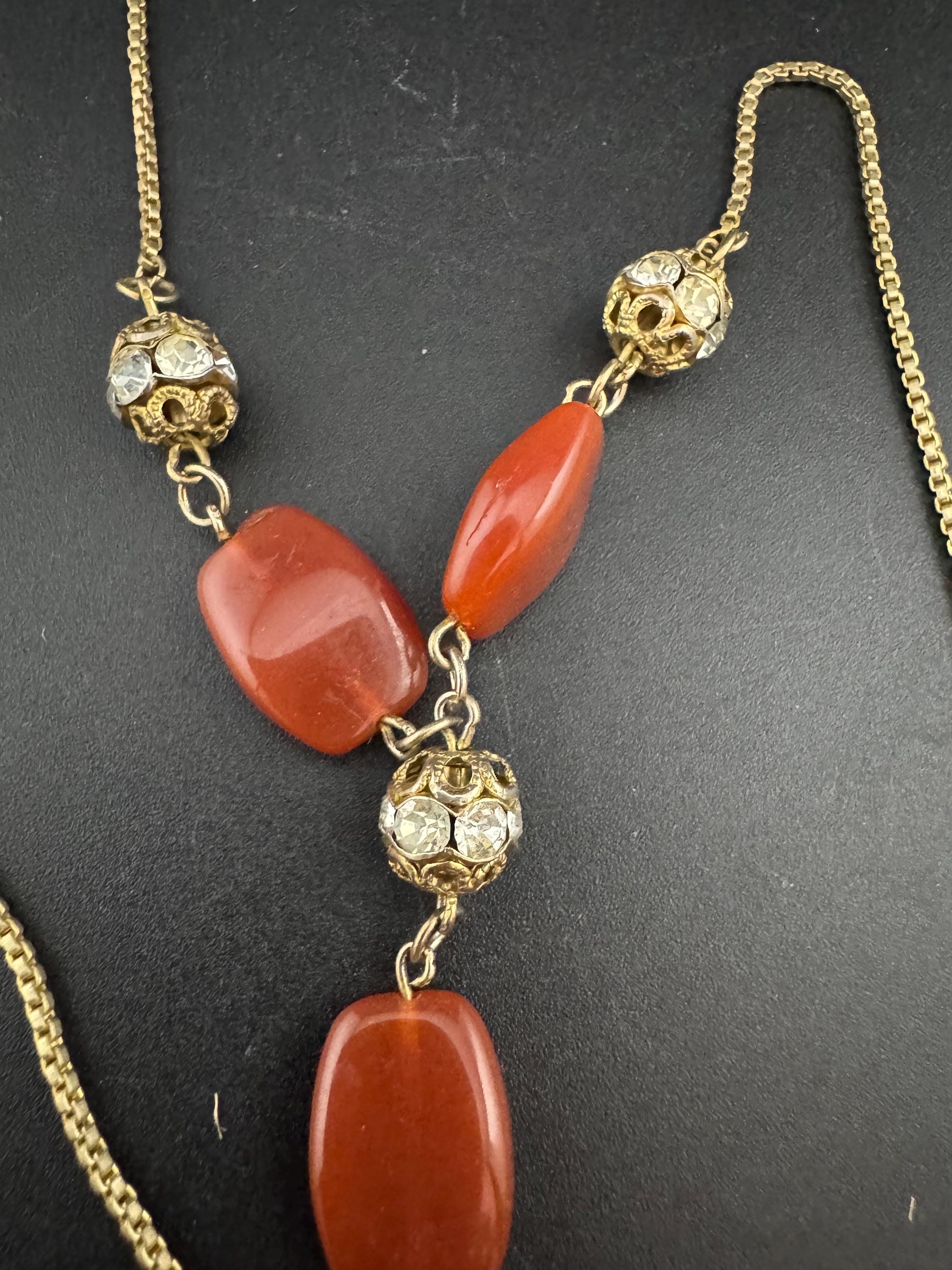 revival Art Deco Filigree gold tone glass czech gilt metal necklace with Carnelian gemstone beads