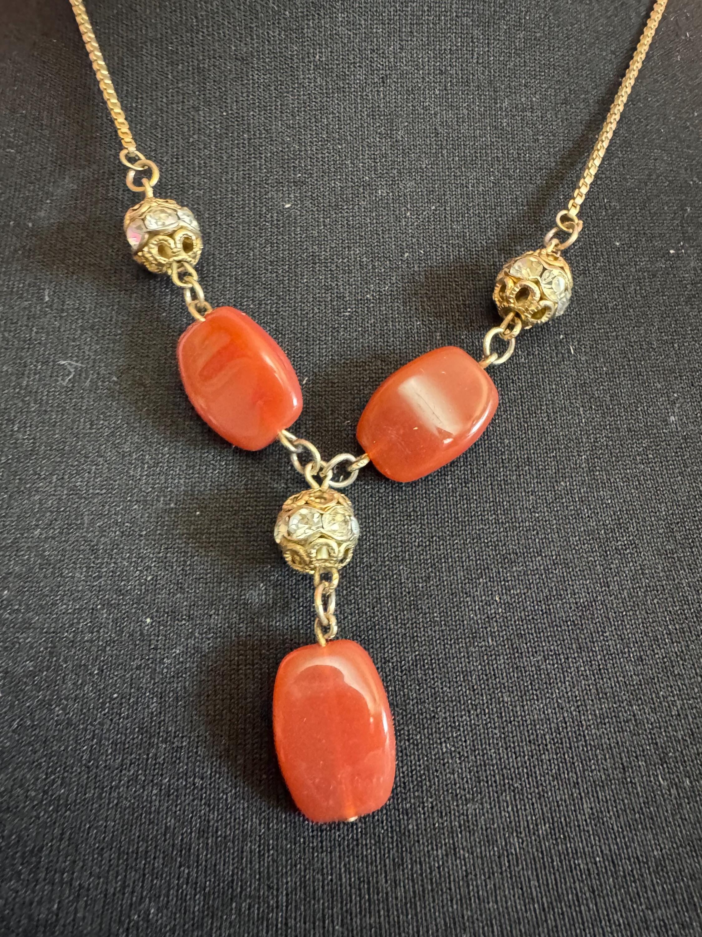 revival Art Deco Filigree gold tone glass czech gilt metal necklace with Carnelian gemstone beads