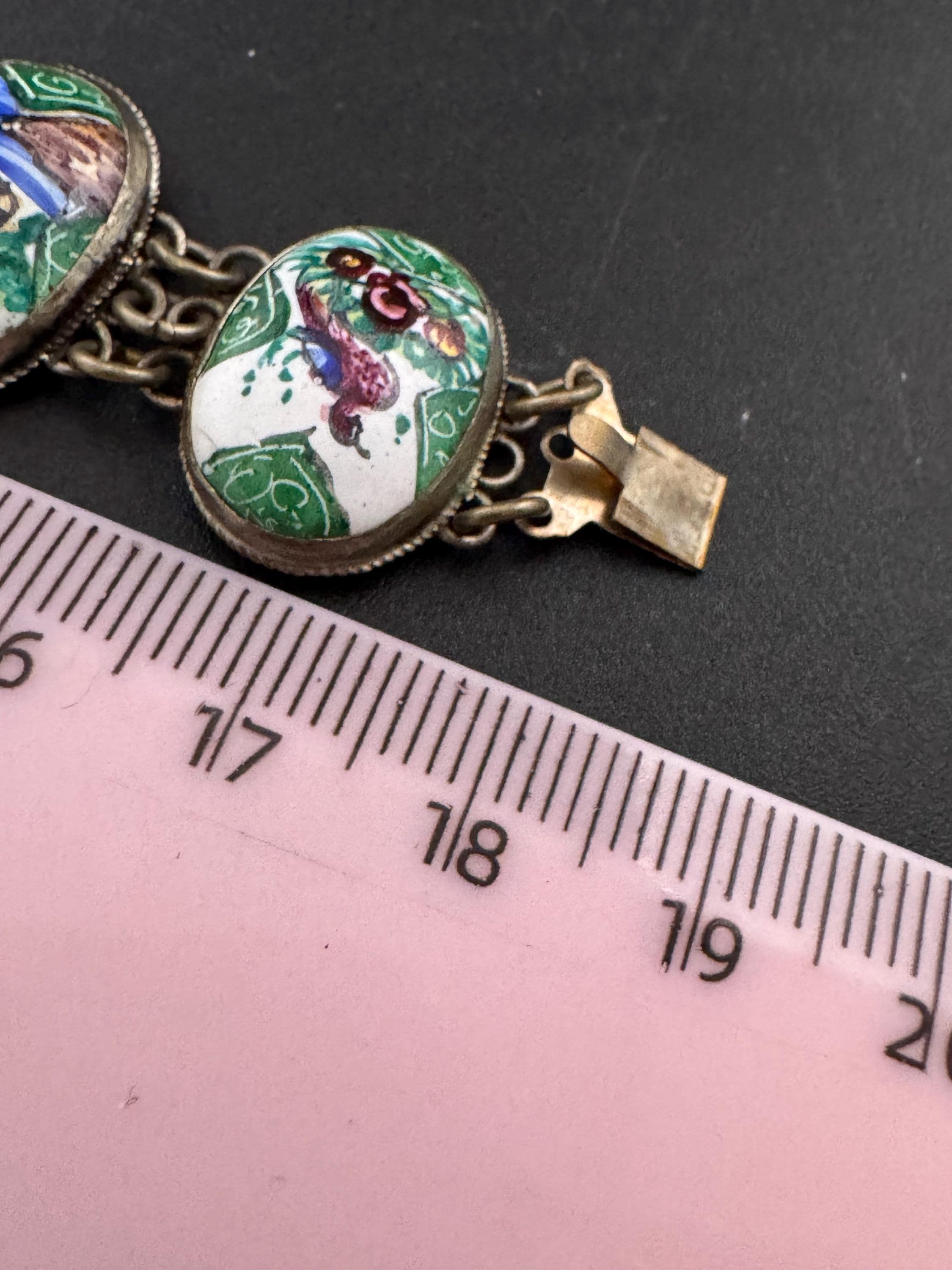 Antique art deco Middle Eastern Storyteller bracelet hand painted panel link continental silver