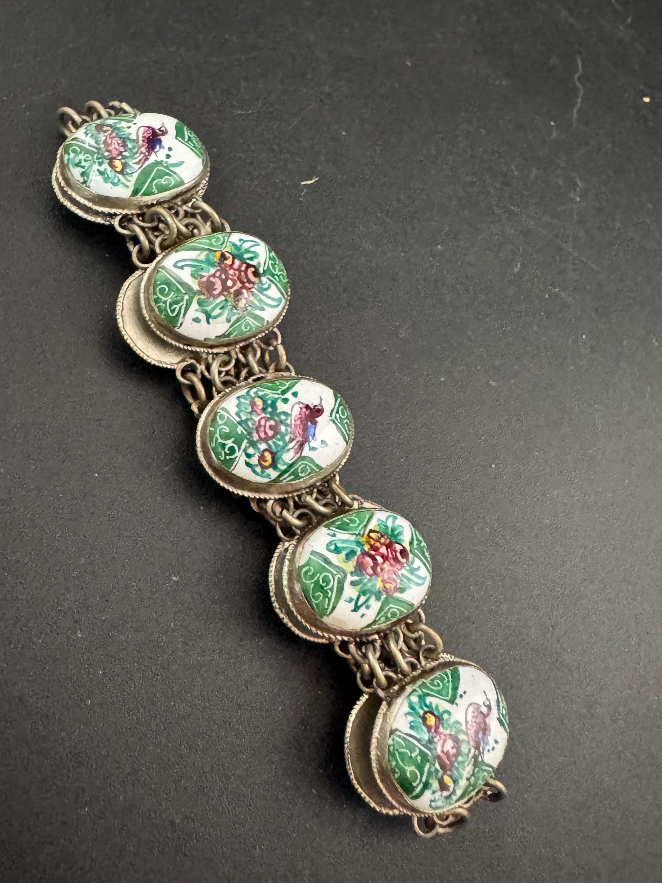 Antique art deco Middle Eastern Storyteller bracelet hand painted panel link continental silver