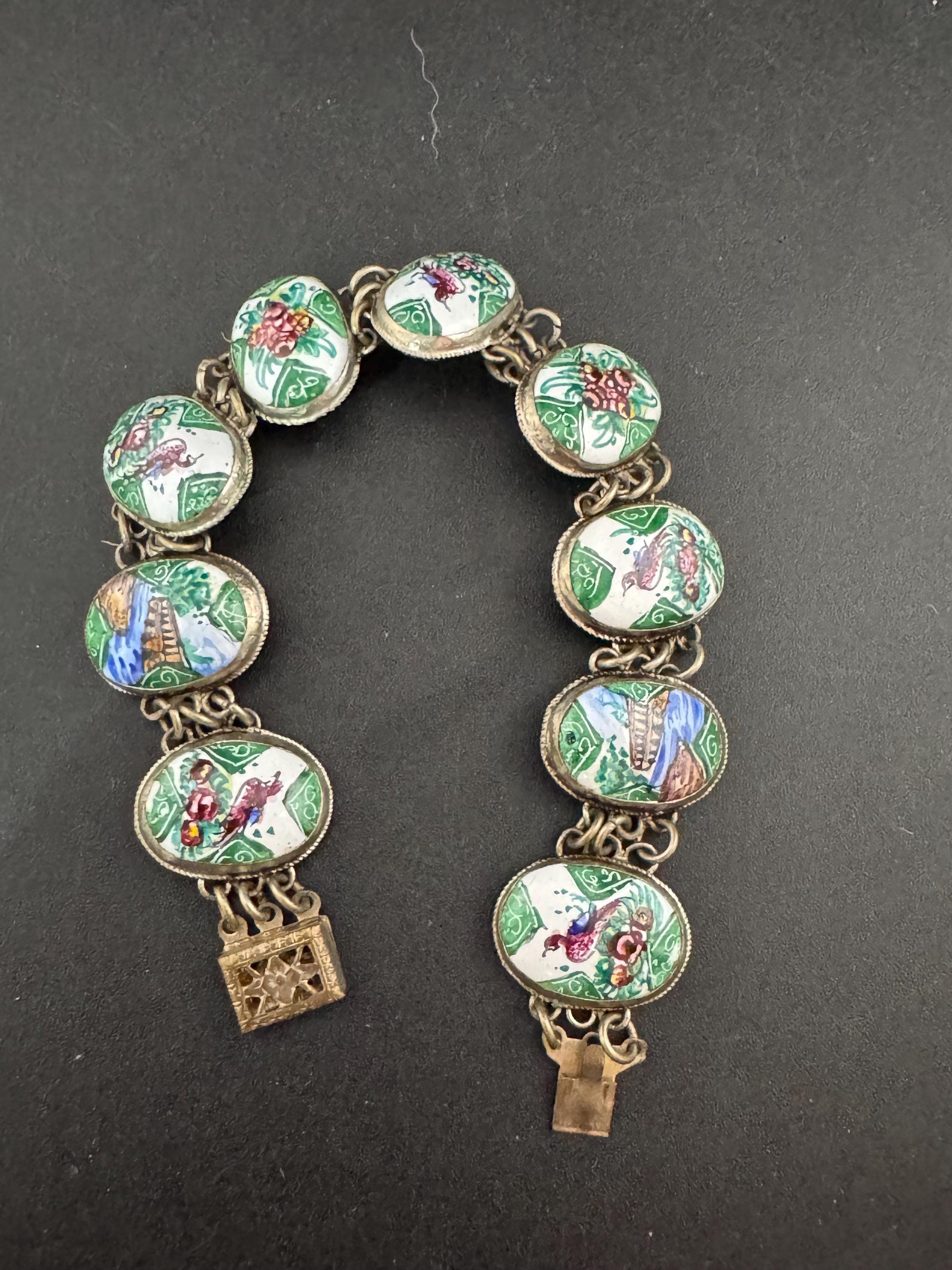 Antique art deco Middle Eastern Storyteller bracelet hand painted panel link continental silver