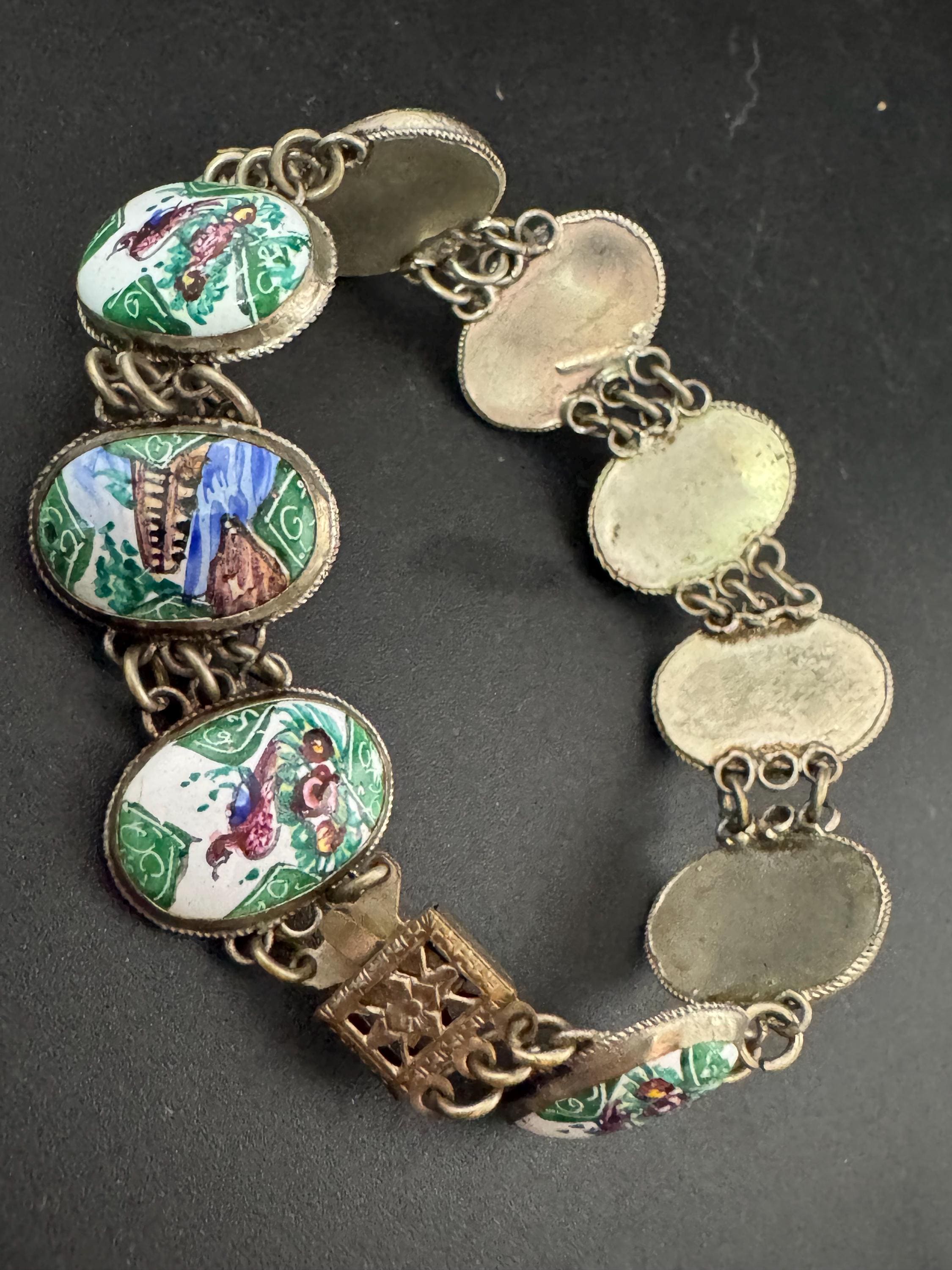 Antique art deco Middle Eastern Storyteller bracelet hand painted panel link continental silver