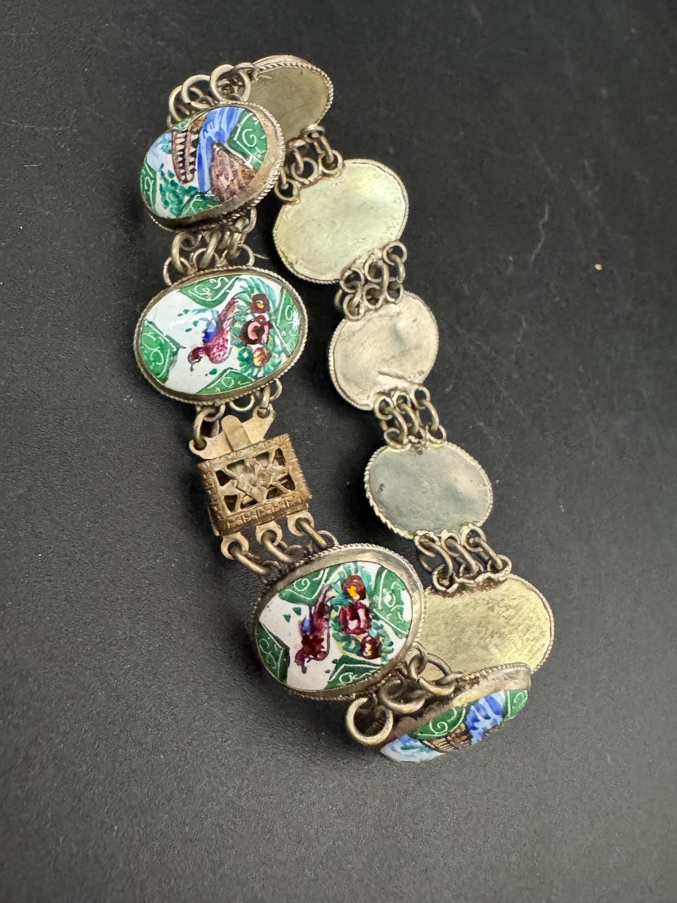 Antique art deco Middle Eastern Storyteller bracelet hand painted panel link continental silver