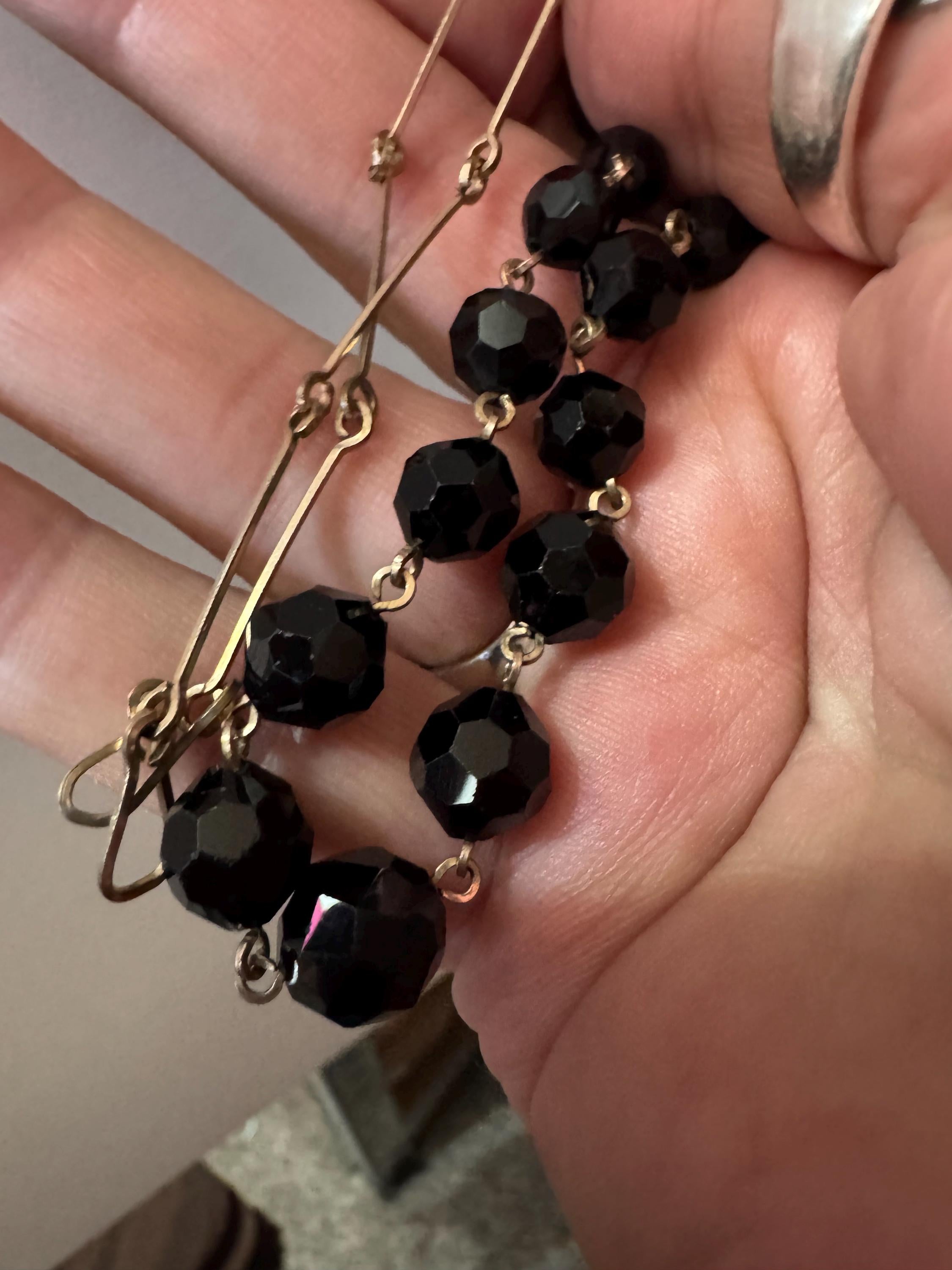 Vintage rolled gold French Black jet faceted Glass beaded necklace , art deco 1920s 1930s 41cm