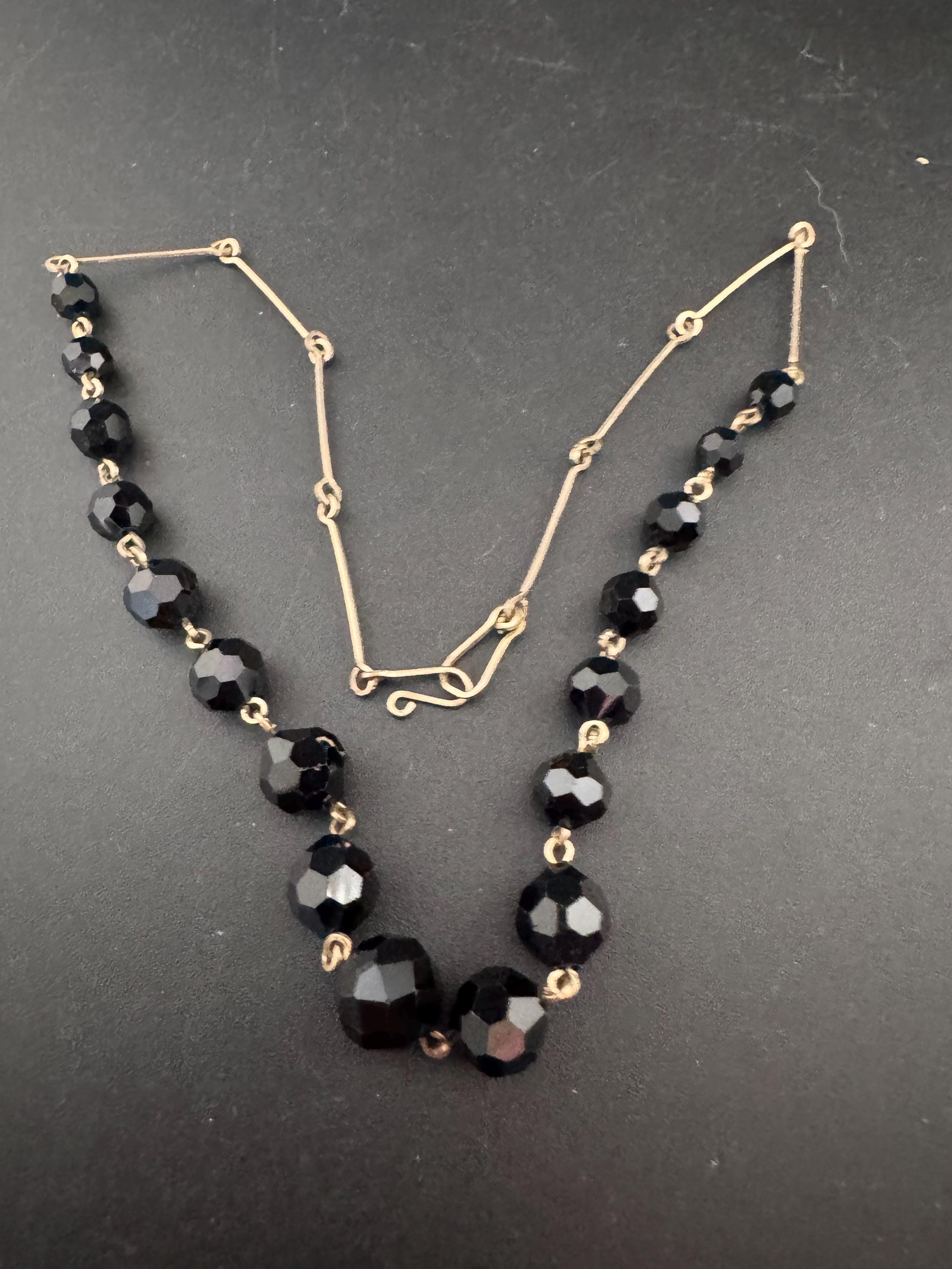 Vintage rolled gold French Black jet faceted Glass beaded necklace , art deco 1920s 1930s 41cm