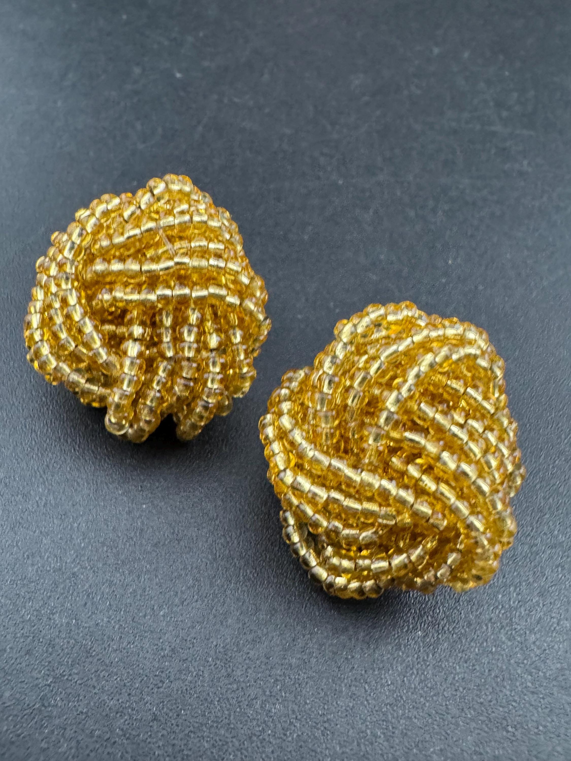 Vintage gold seed beaded KNOT Cluster turban earrings studs clip on Earrings