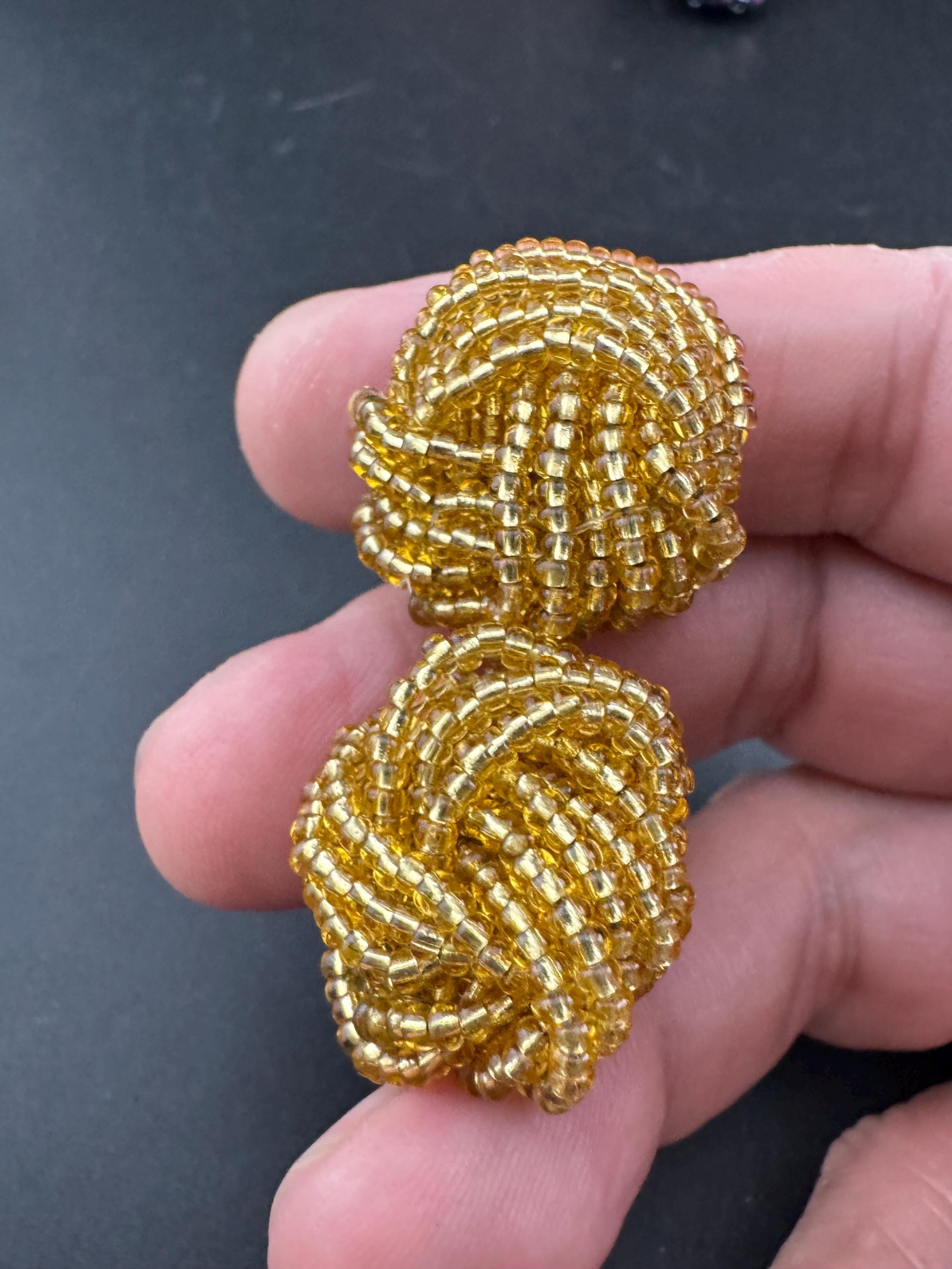 Vintage gold seed beaded KNOT Cluster turban earrings studs clip on Earrings