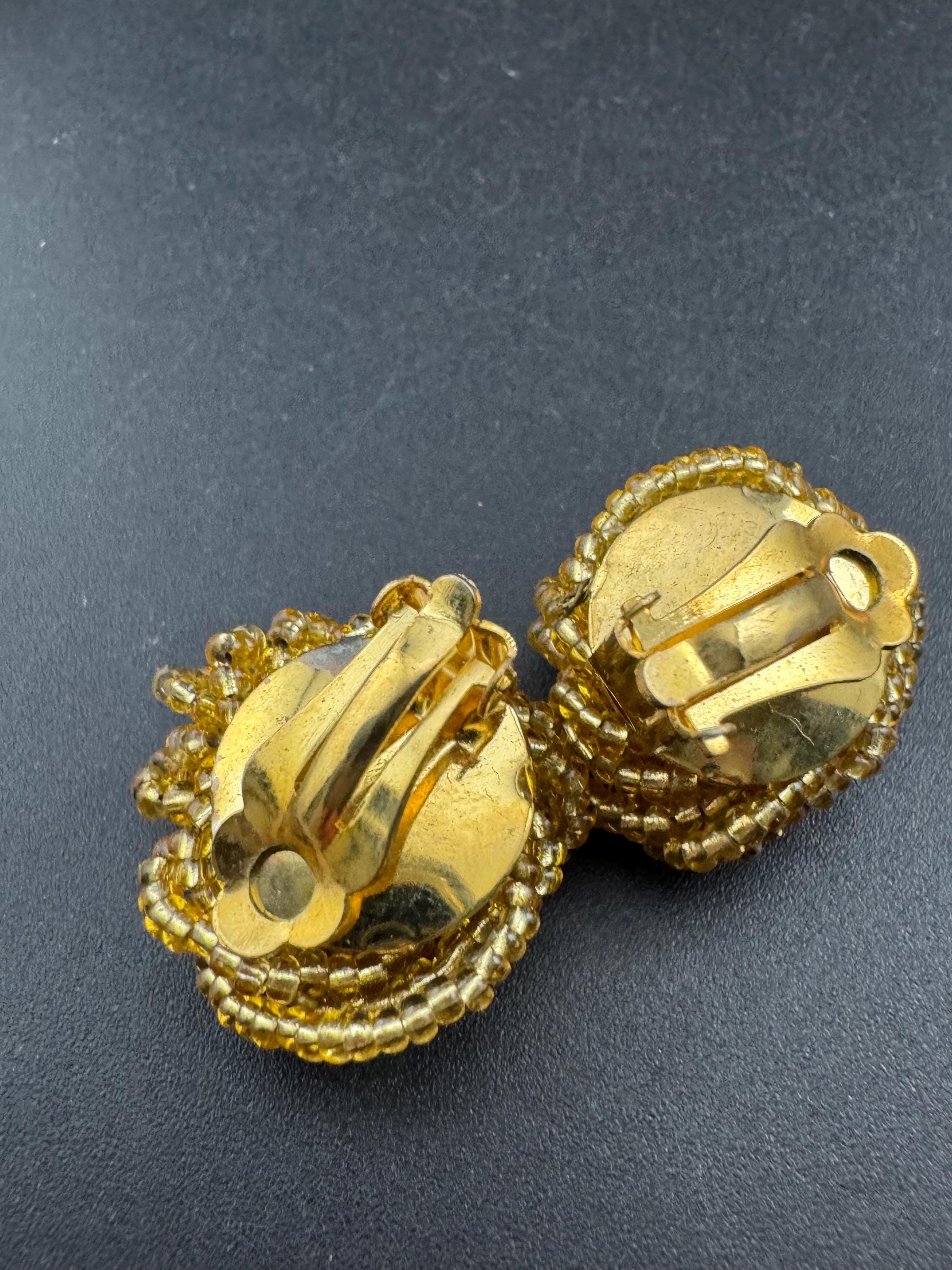 Vintage gold seed beaded KNOT Cluster turban earrings studs clip on Earrings