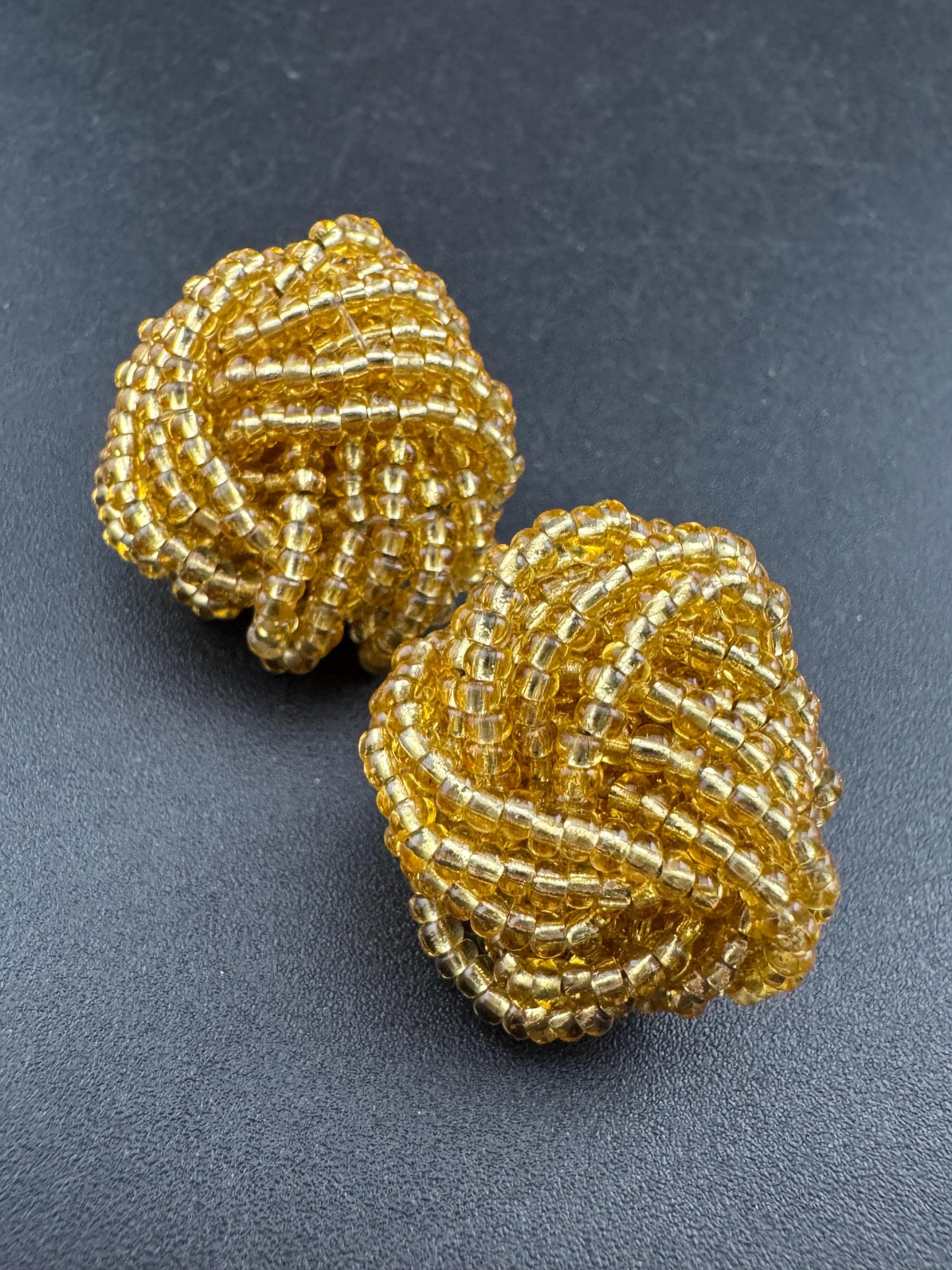Vintage gold seed beaded KNOT Cluster turban earrings studs clip on Earrings