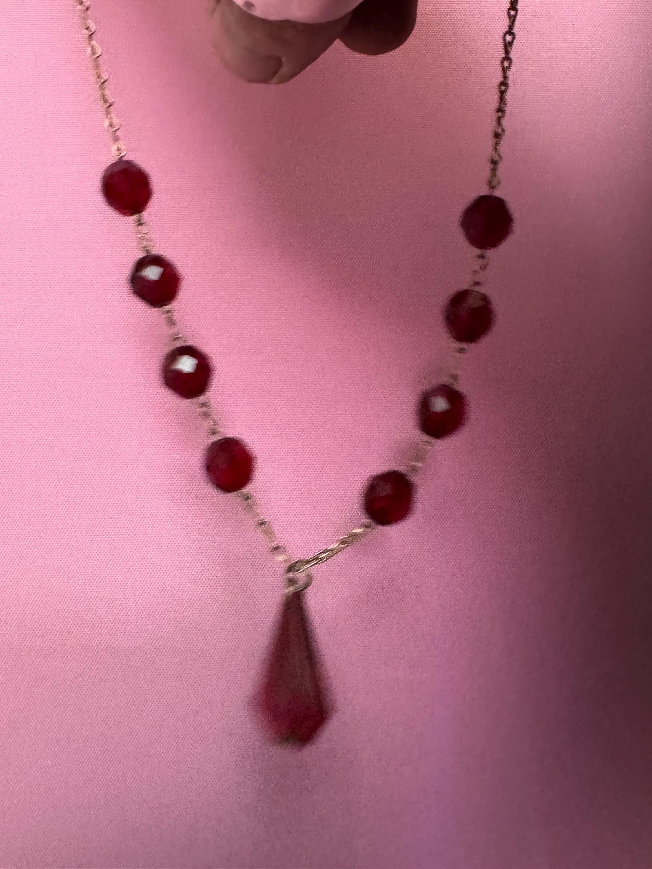 Vintage Ruby Red Glass Crystal drop lariat Necklace with faceted beads Mid Century 40cm
