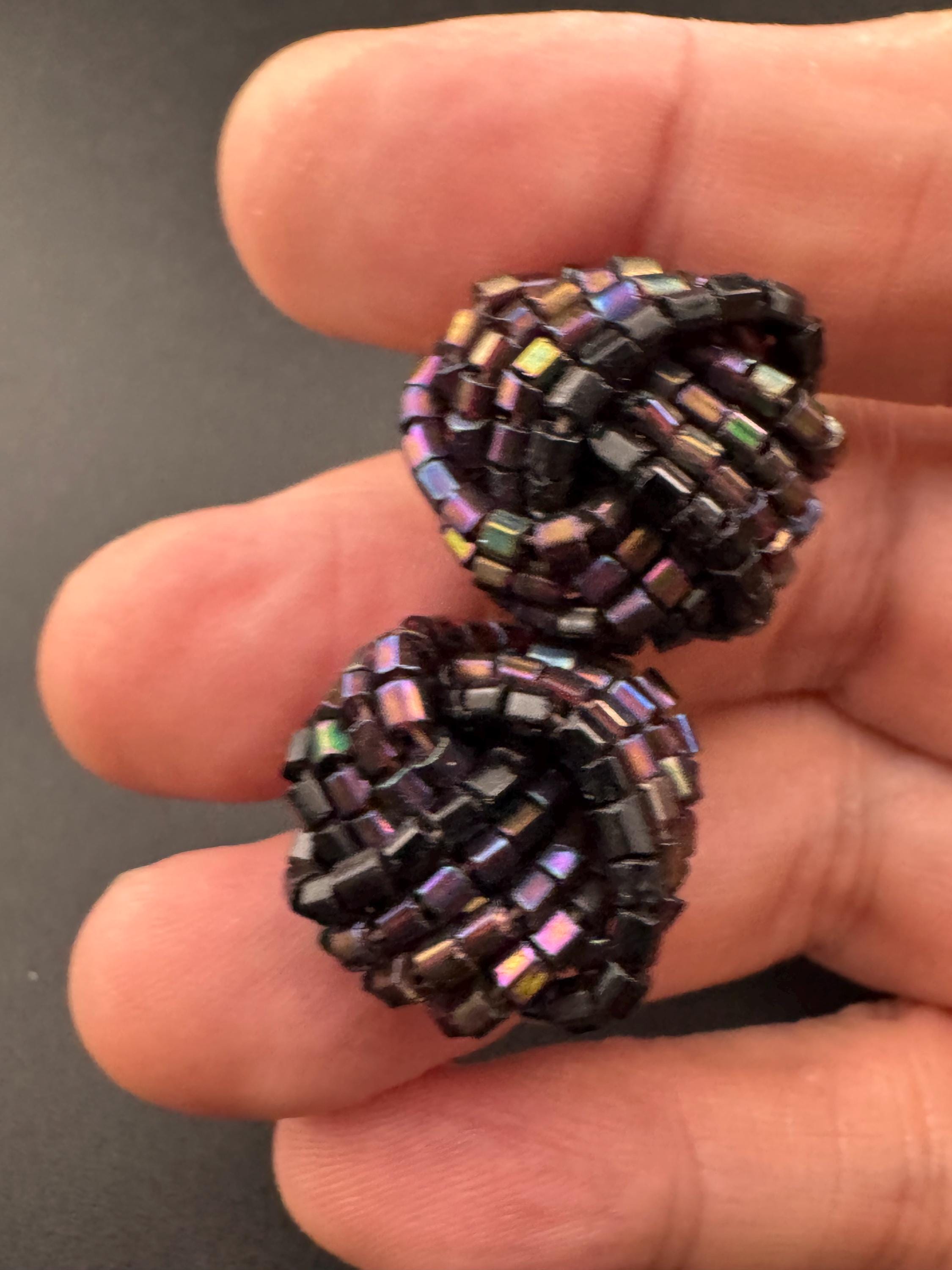 black rainbow lustre glass seed turban KNOT Cluster Clip On Earrings