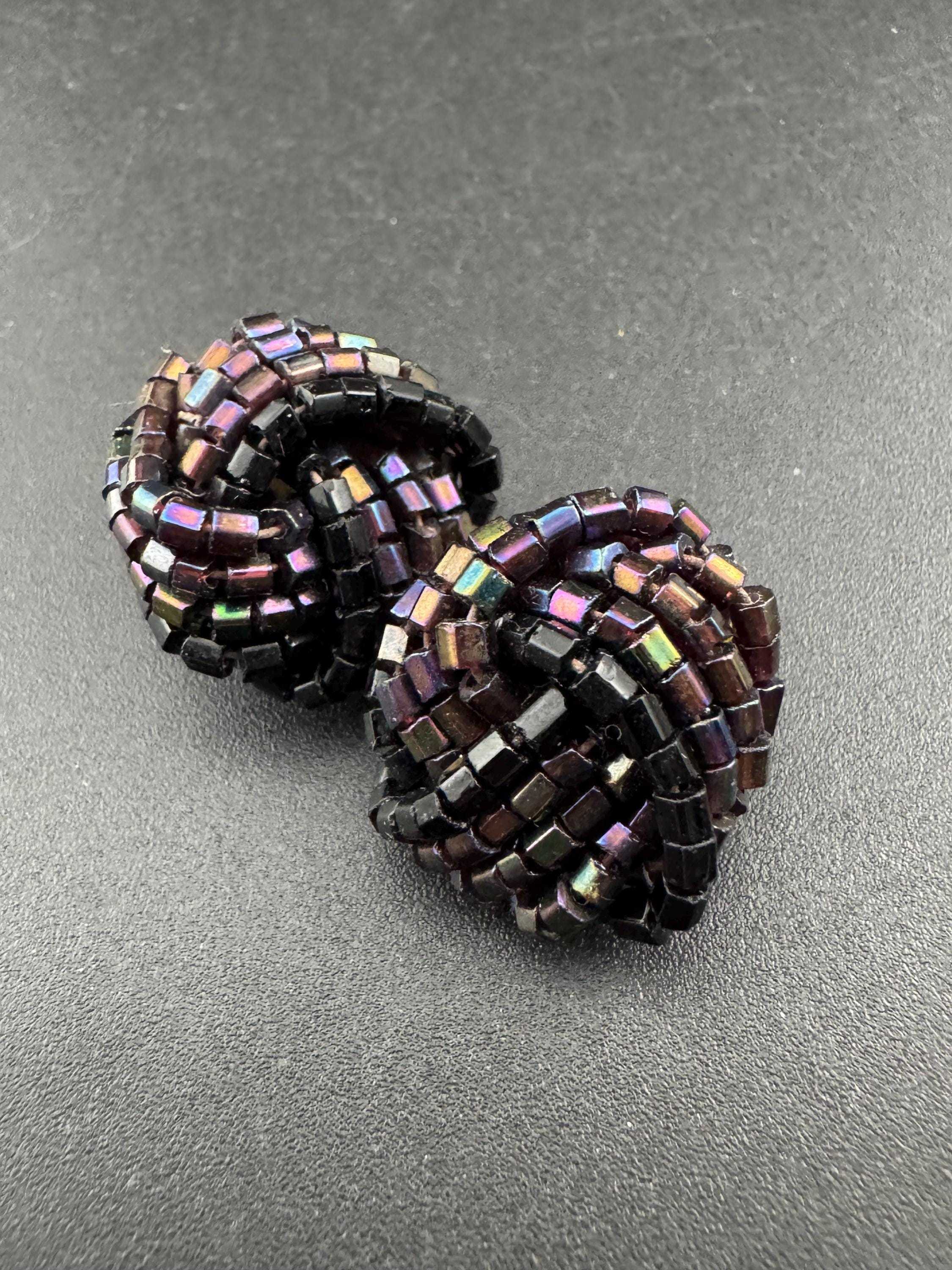 black rainbow lustre glass seed turban KNOT Cluster Clip On Earrings