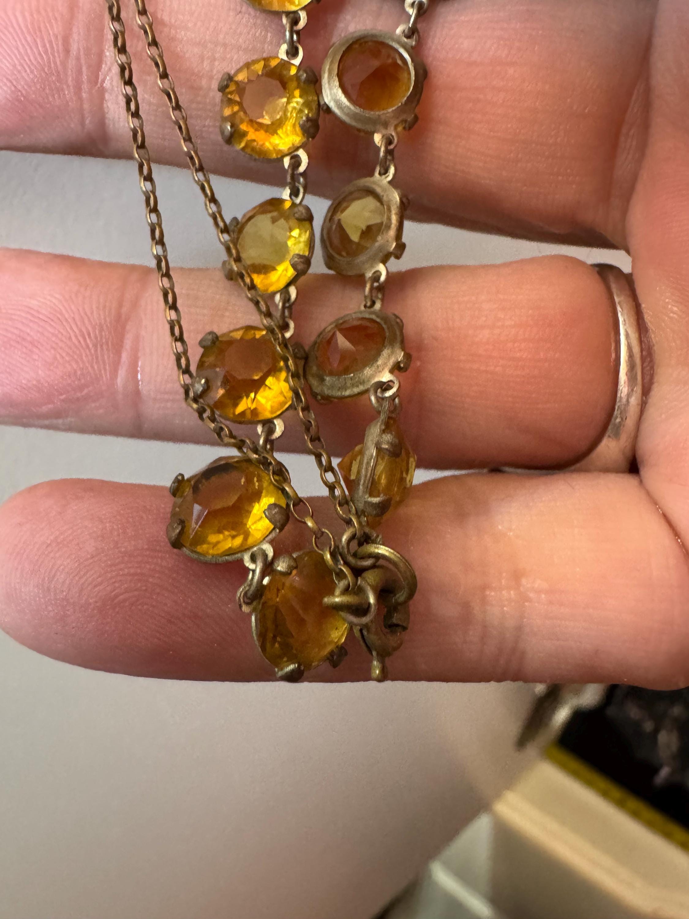 antique 1920s pale amber citrine glass open back crystal Art Deco collar necklace