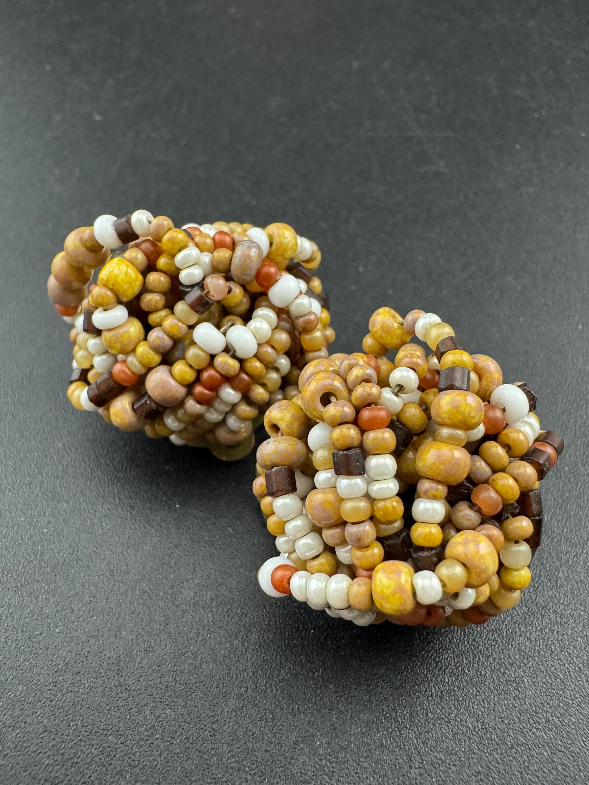 Vintage Funky Taupe pearl Brown  seed beaded KNOT Cluster Clip On turban Earrings