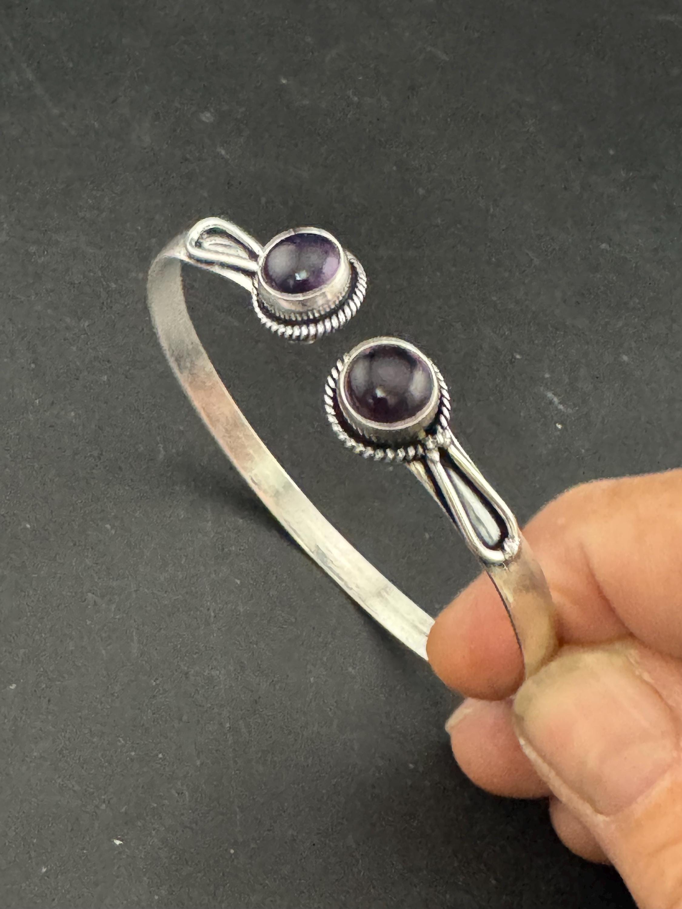 Retro purple amethyst GEMSTONE Bangle silver tone torque cuff bracelet