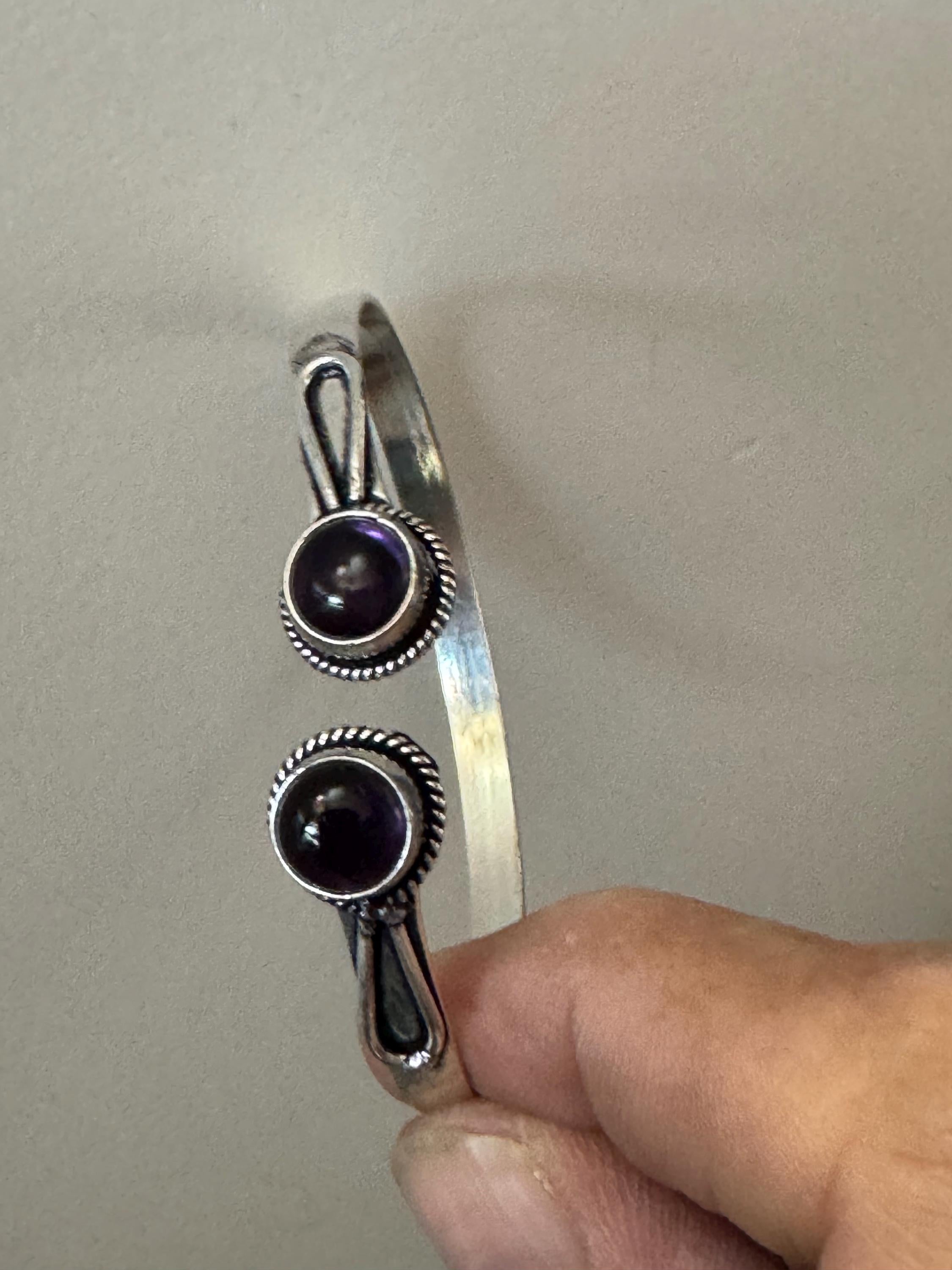 Retro purple amethyst GEMSTONE Bangle silver tone torque cuff bracelet