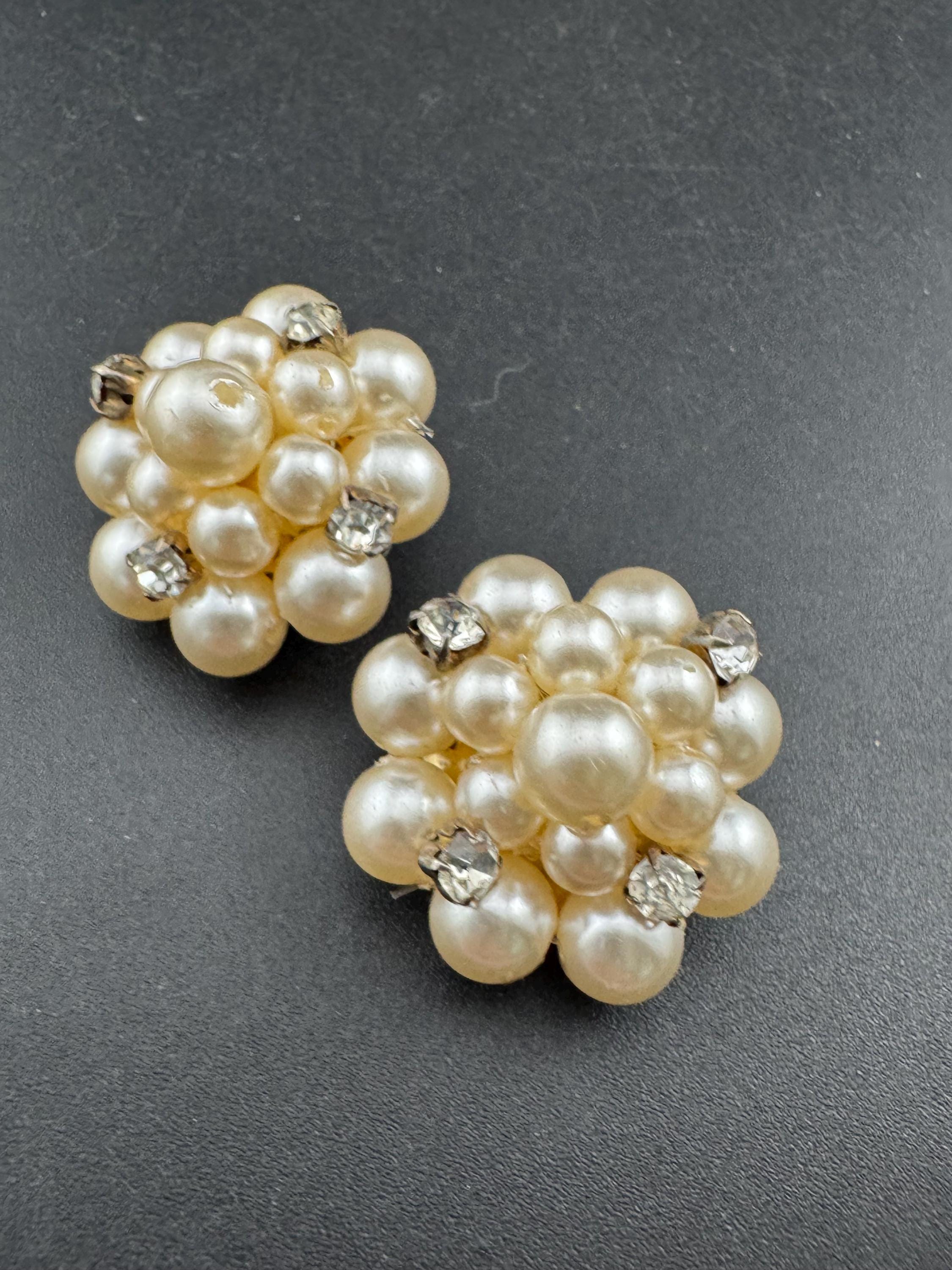 Large 2.5cm round Vintage cluster faux Pearl diamanté Clip on Statement Earrings