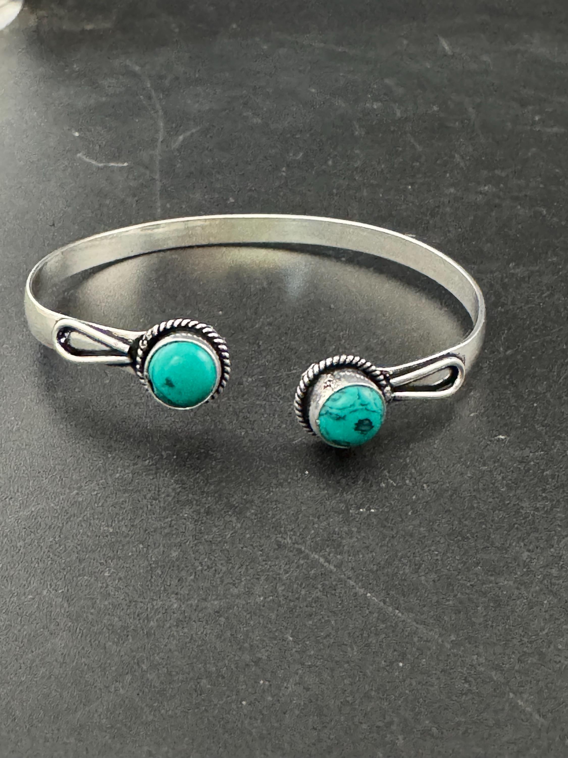Retro turquoise blue GEMSTONE Bangle silver tone torque cuff bracelet