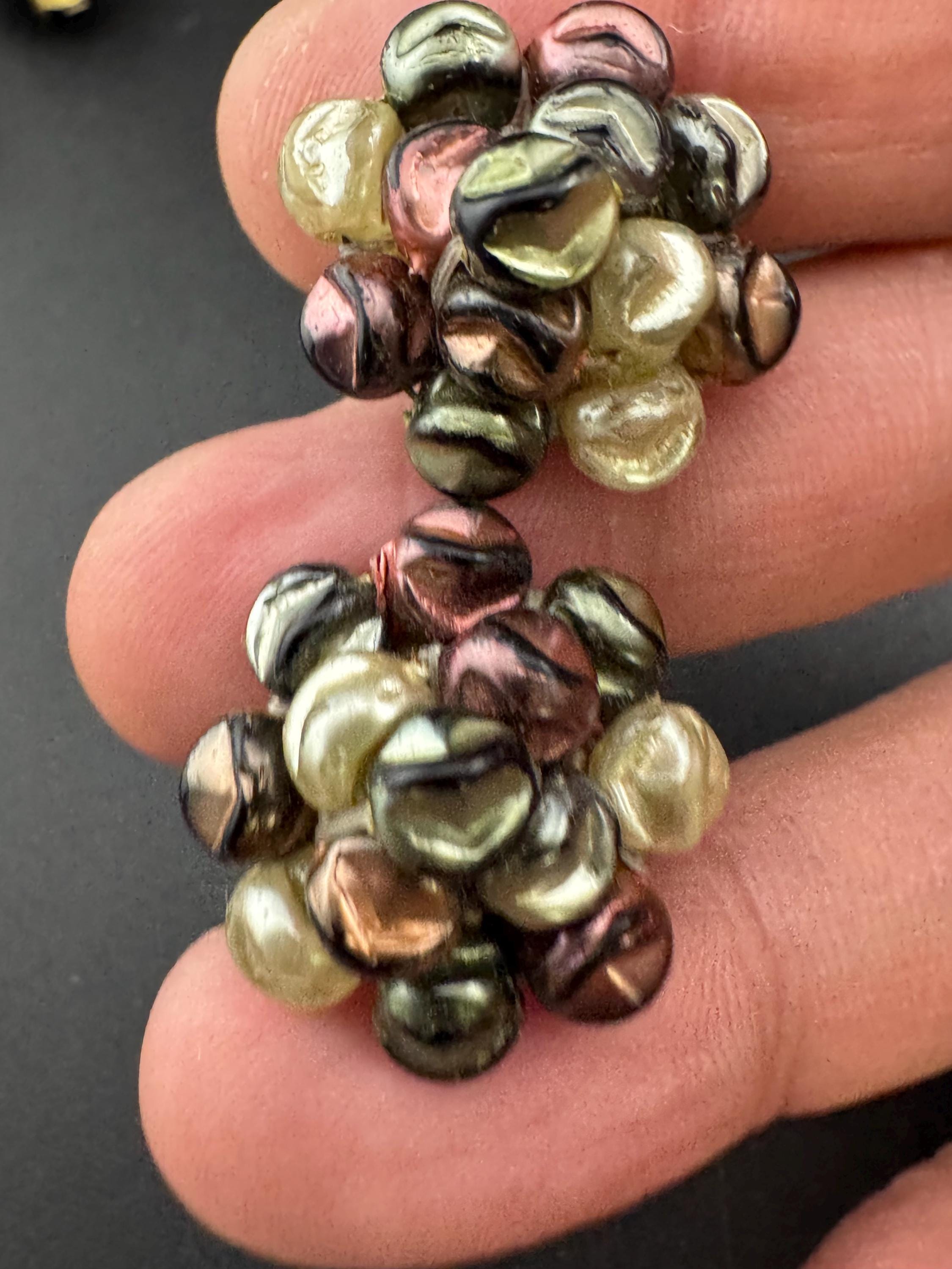 Vintage Rainbow AB Lustre Glass Clip On Earrings: 1940s-50s Cluster